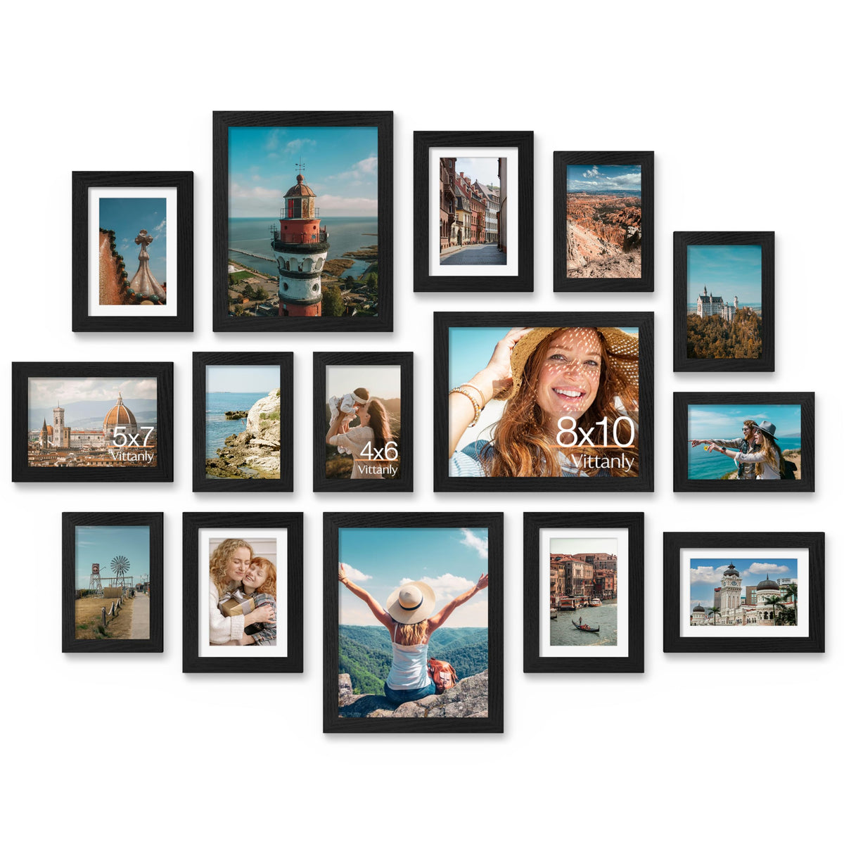 Vittanly 15 Pack Black Picture Frames Gallery Wall Frame Set for Mounting or Tabletop Display, Multi Sizes Collage Photo Frames Including 3pcs 8x10, 6pcs 5x7, 6pcs 4x6