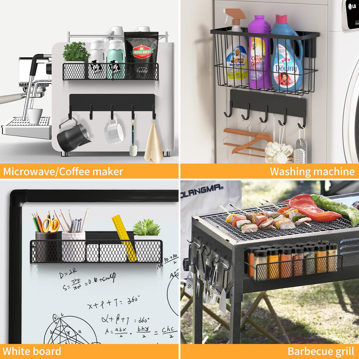 Magnetic Spice Rack for Refrigerator, 7 Pack 100% Metal Strong Magnet Shelf, Spice Organizer W/Paper Towel Holder, Hook Rack, Utensil Caddy & Cutting Board Holder, Home Kitchen Organization (Black)