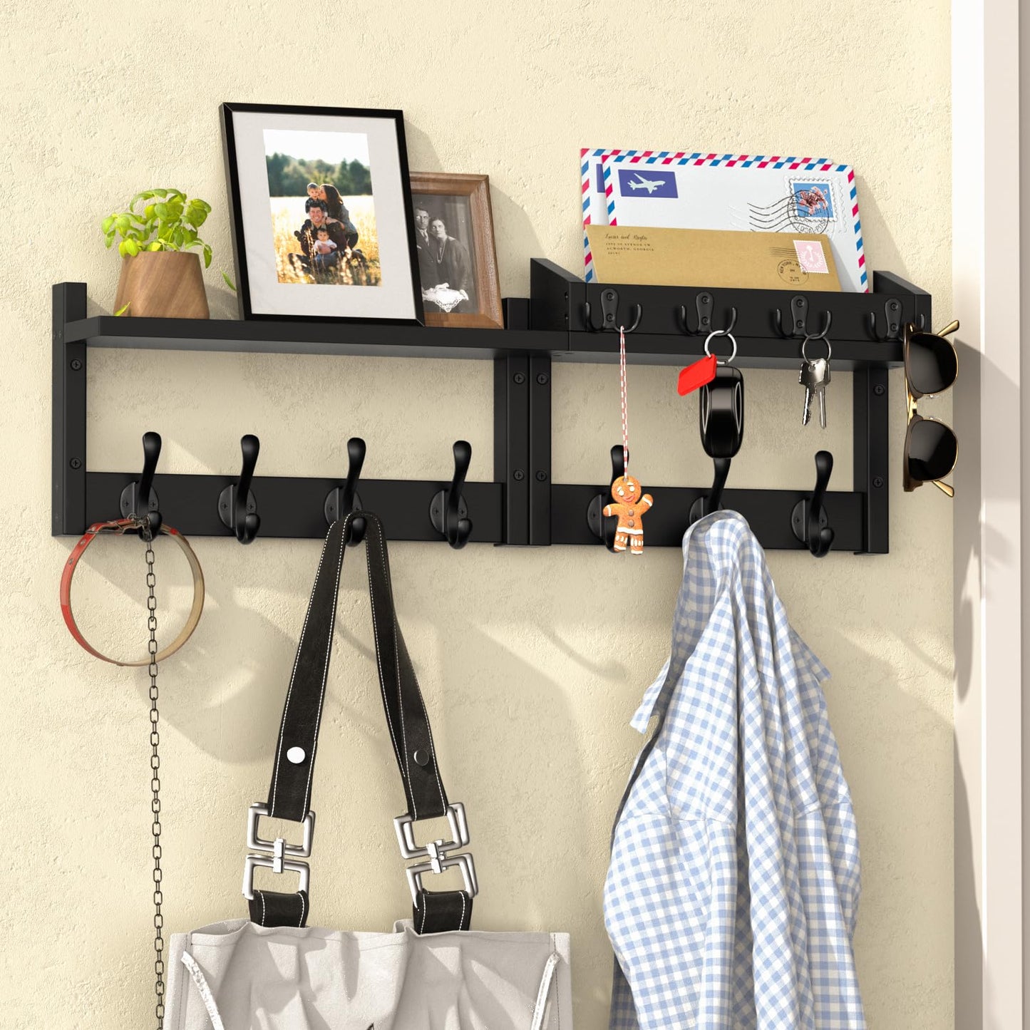 29'' Coat Rack Wall Mount with Shelf and Key Hooks, Solid Wood Key Holder Wall Mount, Farmhouse Wall Organizer for Mail, Entryway Wall Hangers for Hats, Clothes, Backpacks, Mudroom (Black)