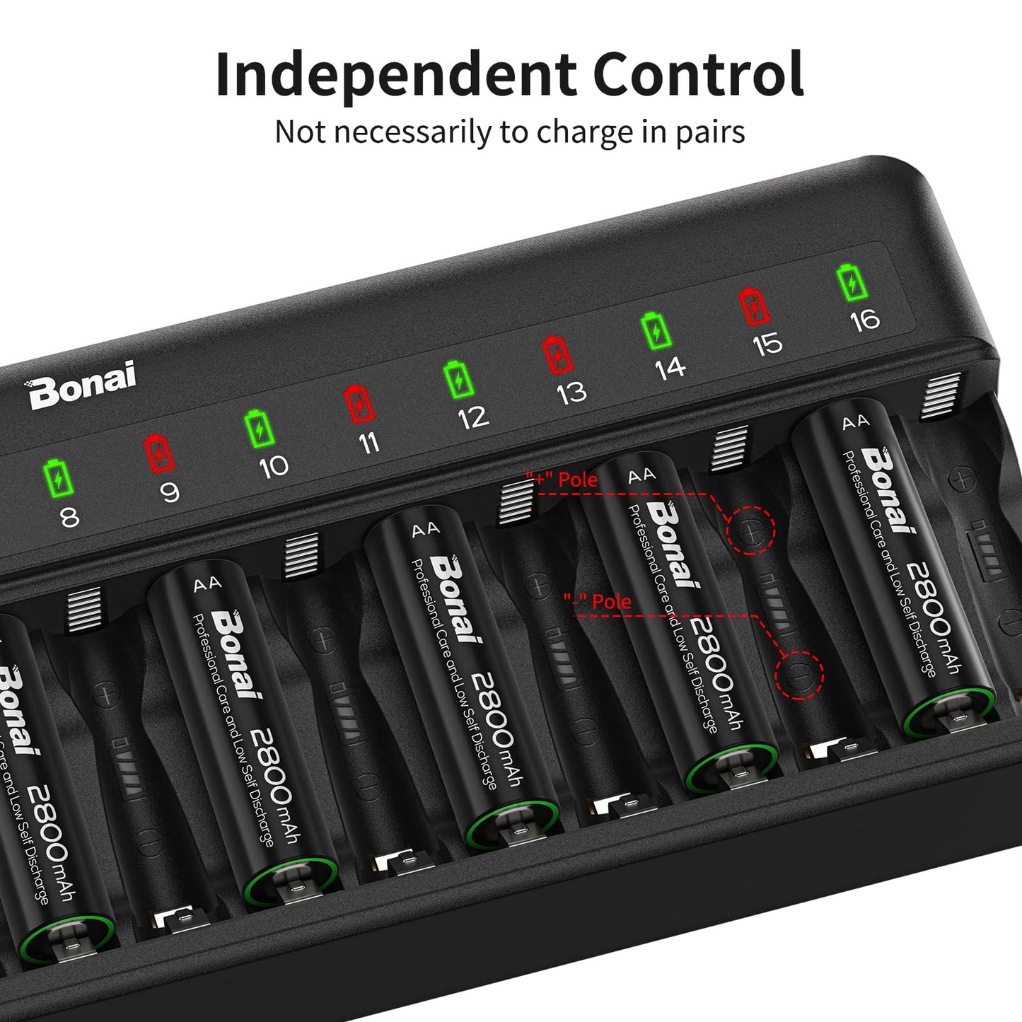 BONAI 16 Slot Battery Charger for AA AAA NiMH NiCD Rechargeable Batteries Independent Control with LED Light and Standard AC Charging Plug, Battery not Included - Black