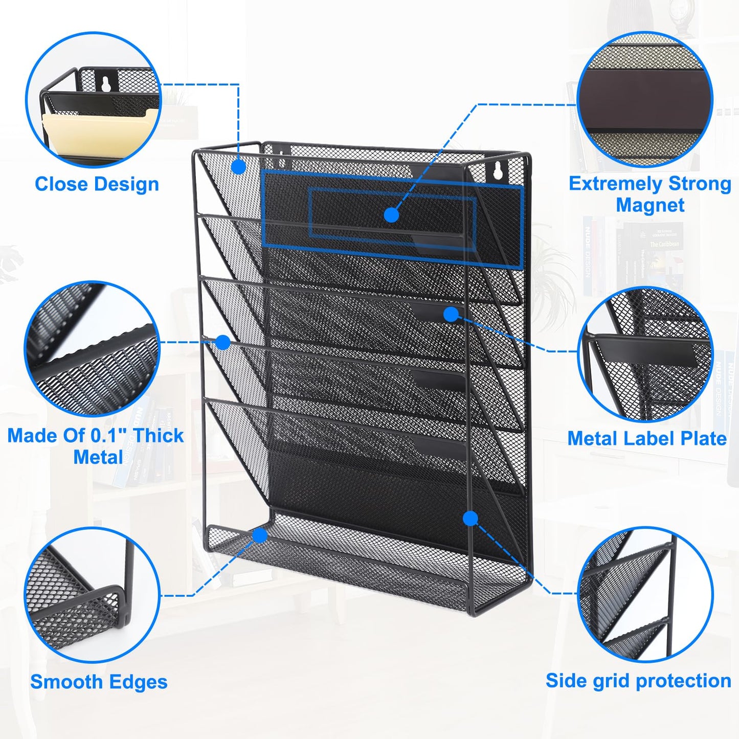 EASEPRES Magnetic File Organizer Mesh 5-Tier Black Hanging File Organizer Vertical Holder Rack for Office Home