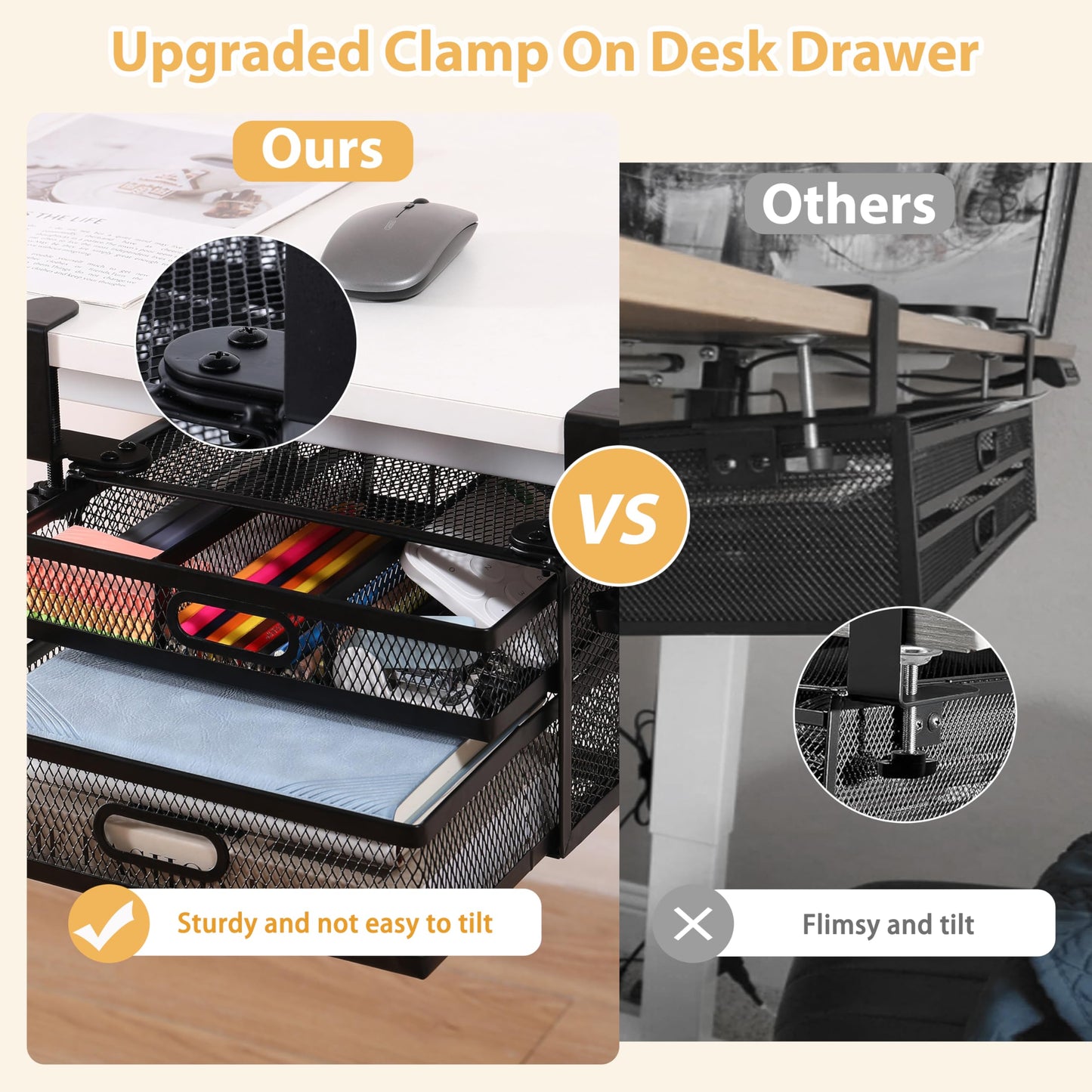 ROLIZOE Under Desk Drawer Organizer Clamp On with 2 Drawers Slide Out No Drilling Mesh Metal Drawer On Desktop Or Under Desk Storage Easy Install Anti-Slip Under Shelf Storage for Home & Office