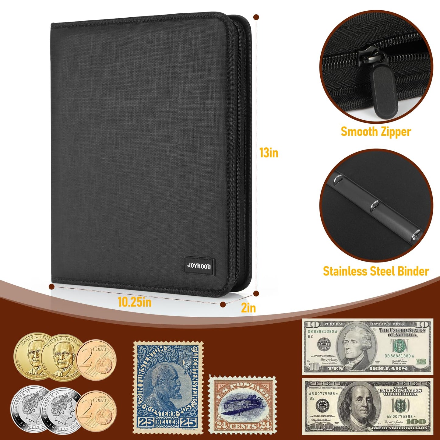 JoyHood Coin Collection Book Holder for Collectors, Money Storage Binder Hold 400 Coins Pockets + 15 Bills Pockets, Coin Organizer Book for Coin Currency Collection Supplies