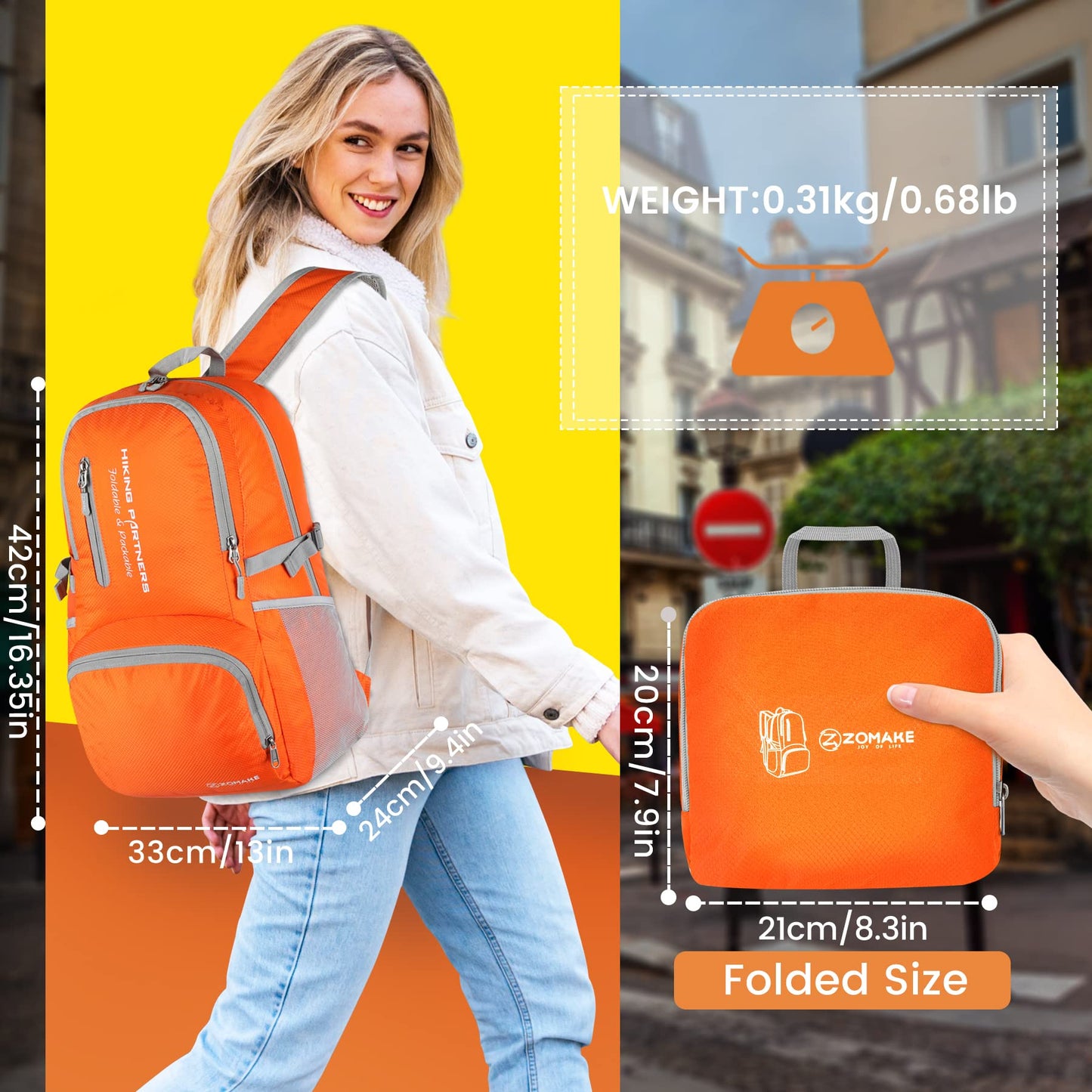 ZOMAKE Packable Hiking Backpack,Lightweight Foldable Backpack Light Daypack for Women Men,35L(Orange)