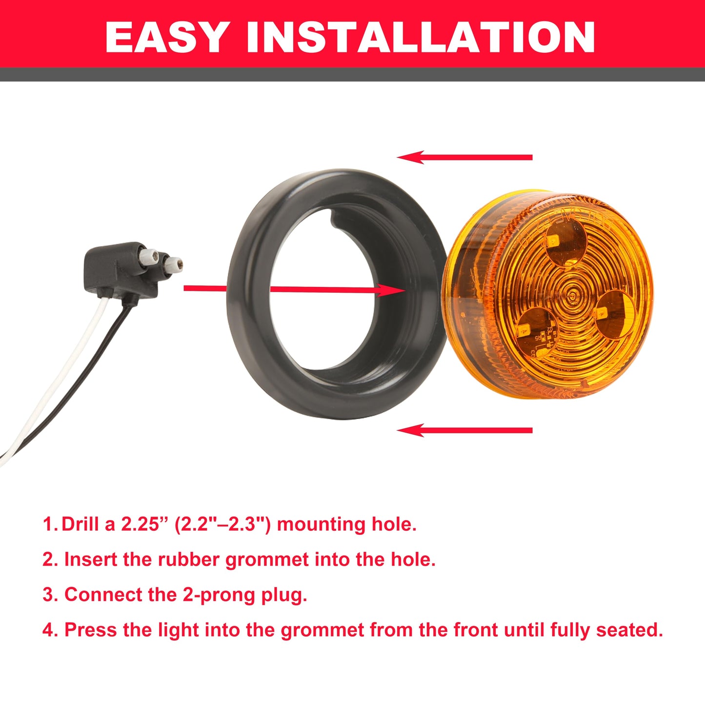 PEAKTOW Round LED 2 Inches 12V Submersible Clearance Marker Tail Brake Stop Lights for Car Truck Van Trailer RV Boat Including Grommets and Plugs Pack of 8 (4pcs Amber + 4pcs Red)