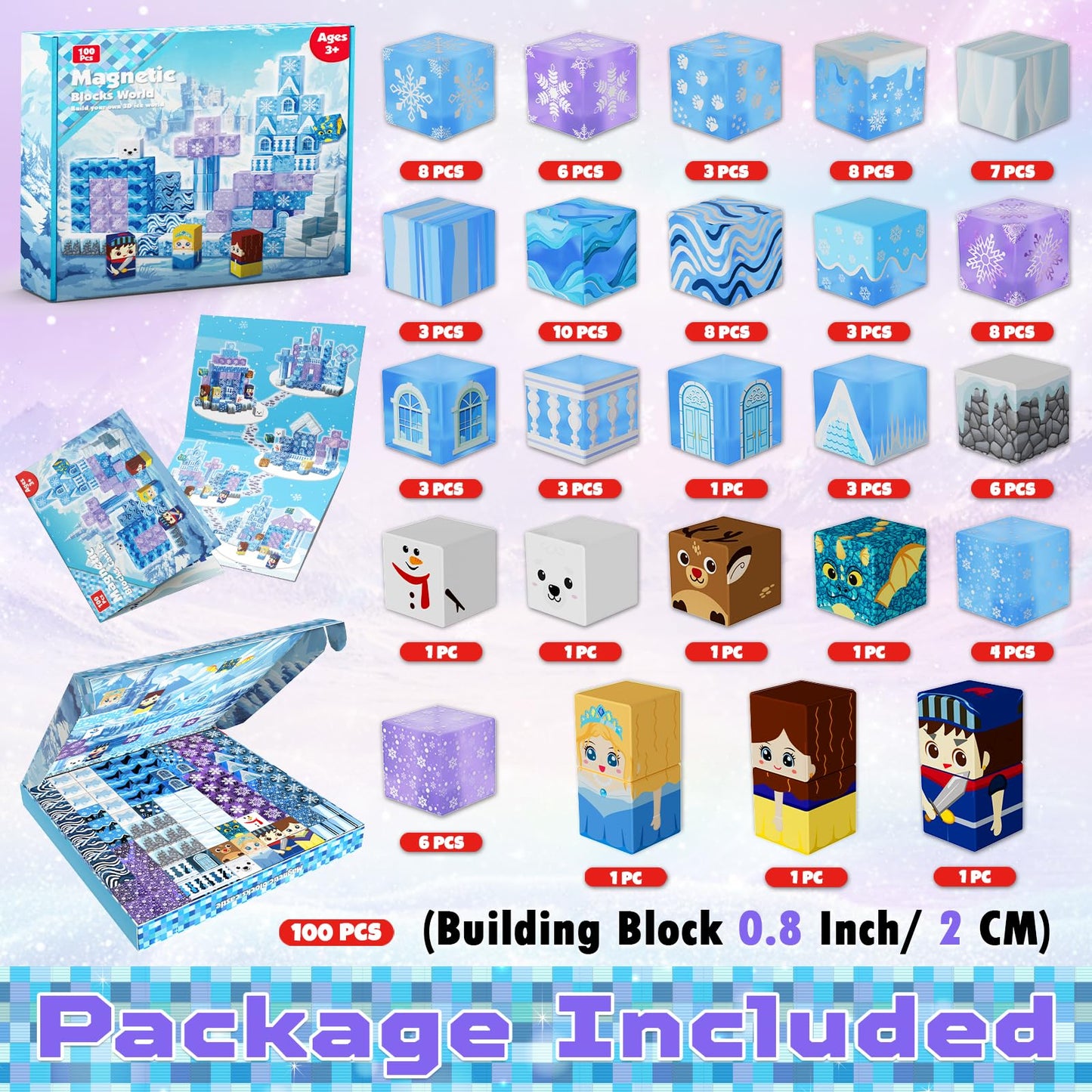 Magneverse Transparent Magnetic Blocks - 100 PCS Blue Castle Magnetic Building Cubes Toys for Toddler Christmas Birthday Gifts - Montessori Sensory Learning Toys for 3 4 9 10 Year Old Boys & Girls