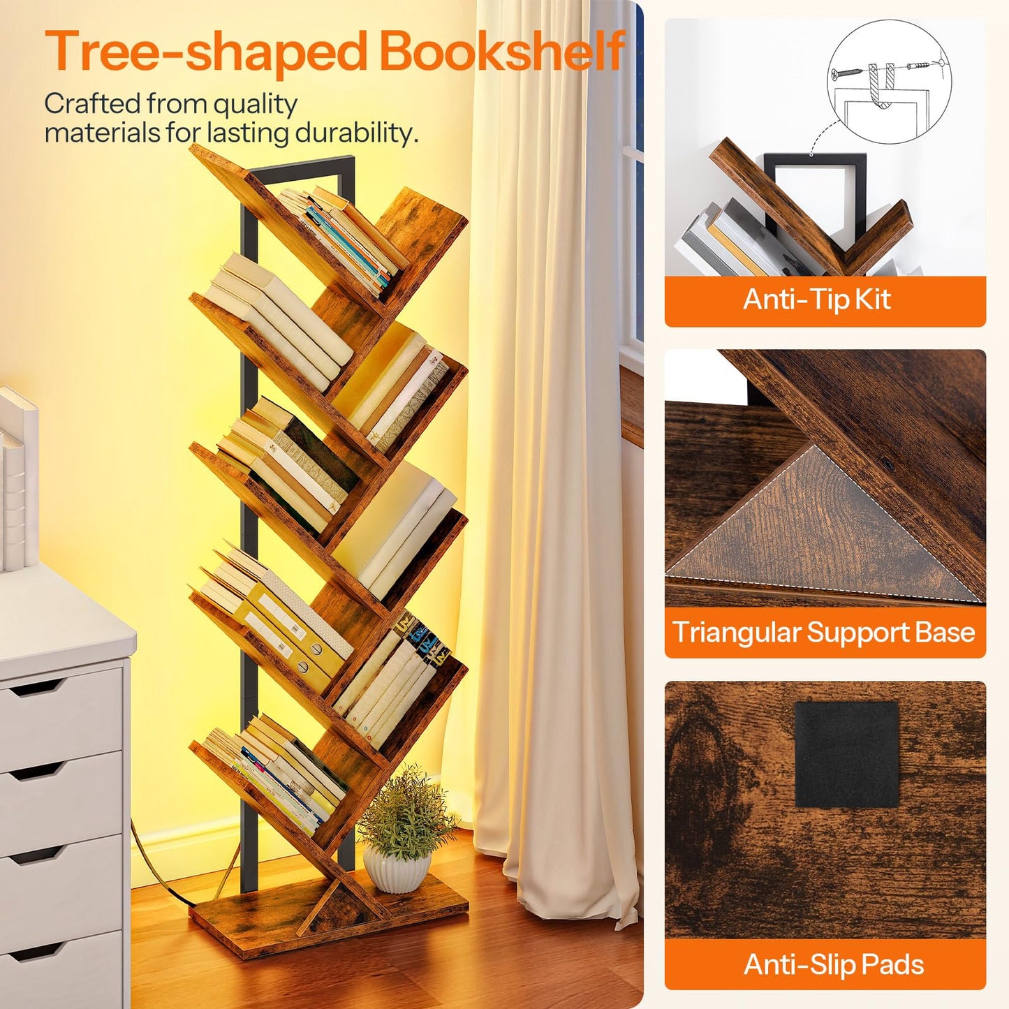 HOOBRO Tree Bookshelf, 9-Tier Bookcase with LED Lights, Space-Saving Book Shelf, Holds Books, CDs, Floor Standing Bookcase for Office, Living Room, Bedroom, Rustic Brown and Black BF08DSJ01