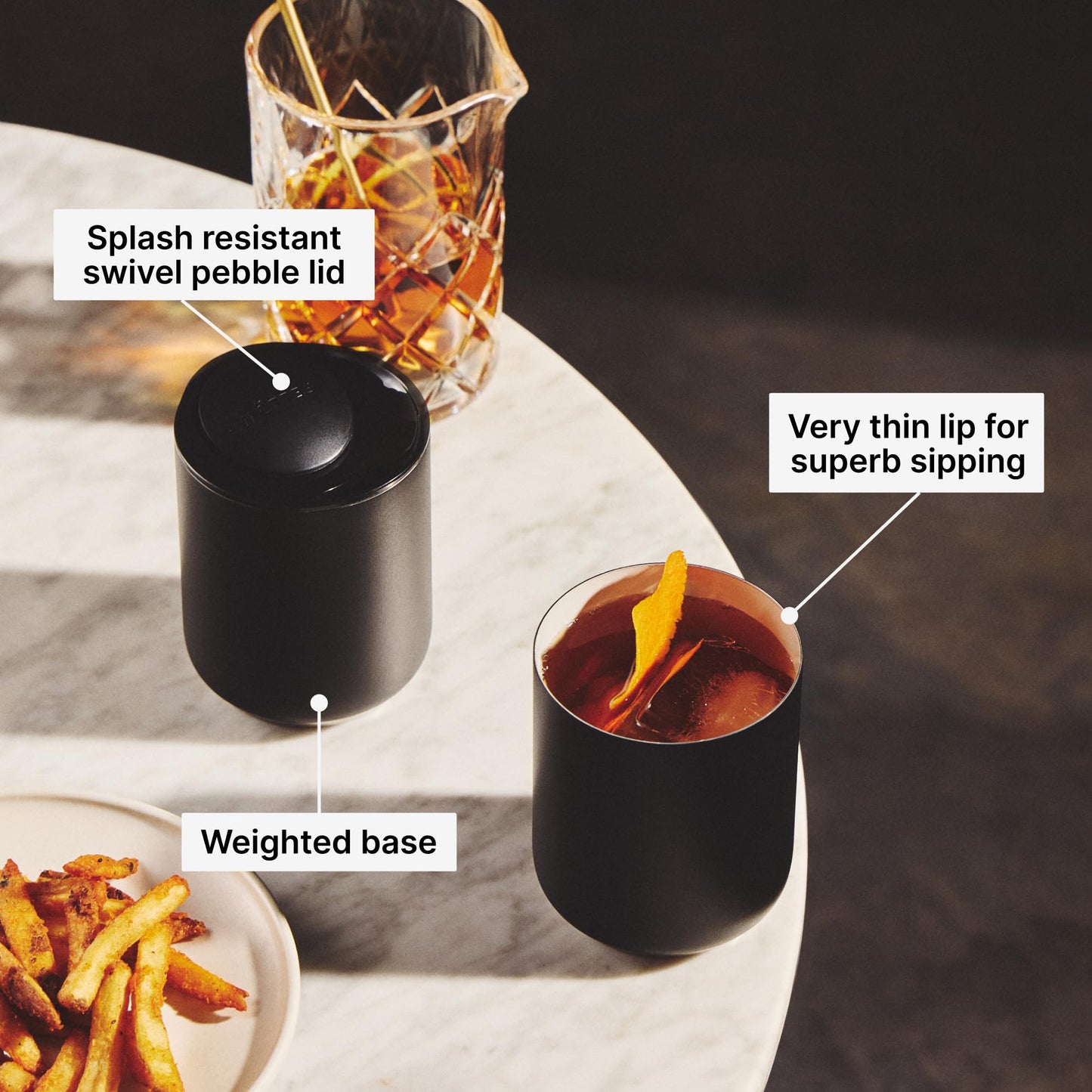 Fellow Rocky Lowball Tumbler Set of 2 - Insulated Stainless Steel Cocktail Tumblers with Ceramic Interior and Swivel Pebble Lid - 10 oz, Matte Black