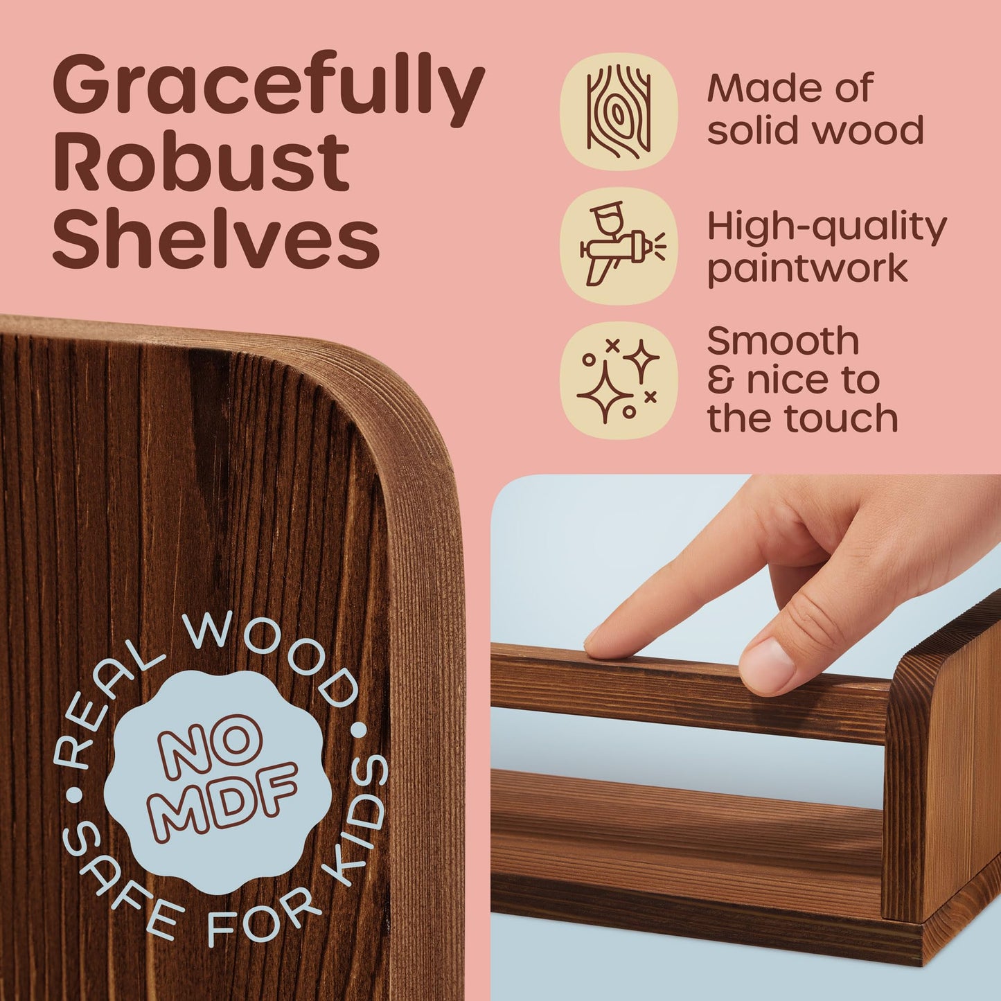 5-in-1 Floating Nursery Book Shelves for Wall (3 Long + 2 Mini) Solid Pine Wood Nursery Shelves, Wall Bookshelf for Kids Room, Toys & Books Display, Baby Shelf (Walnut)