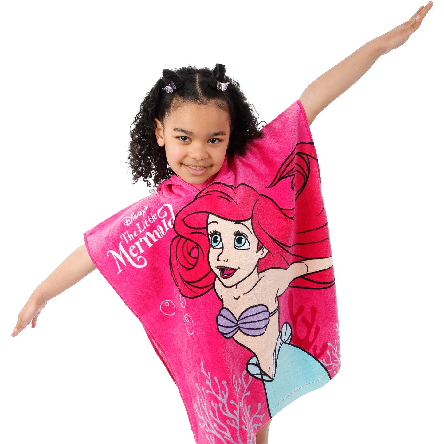 Disney Girls Beach Towel | Ariel Towel Poncho | Cotton Hooded Towel | The Little Mermaid Towels for Girls | One Size Pink