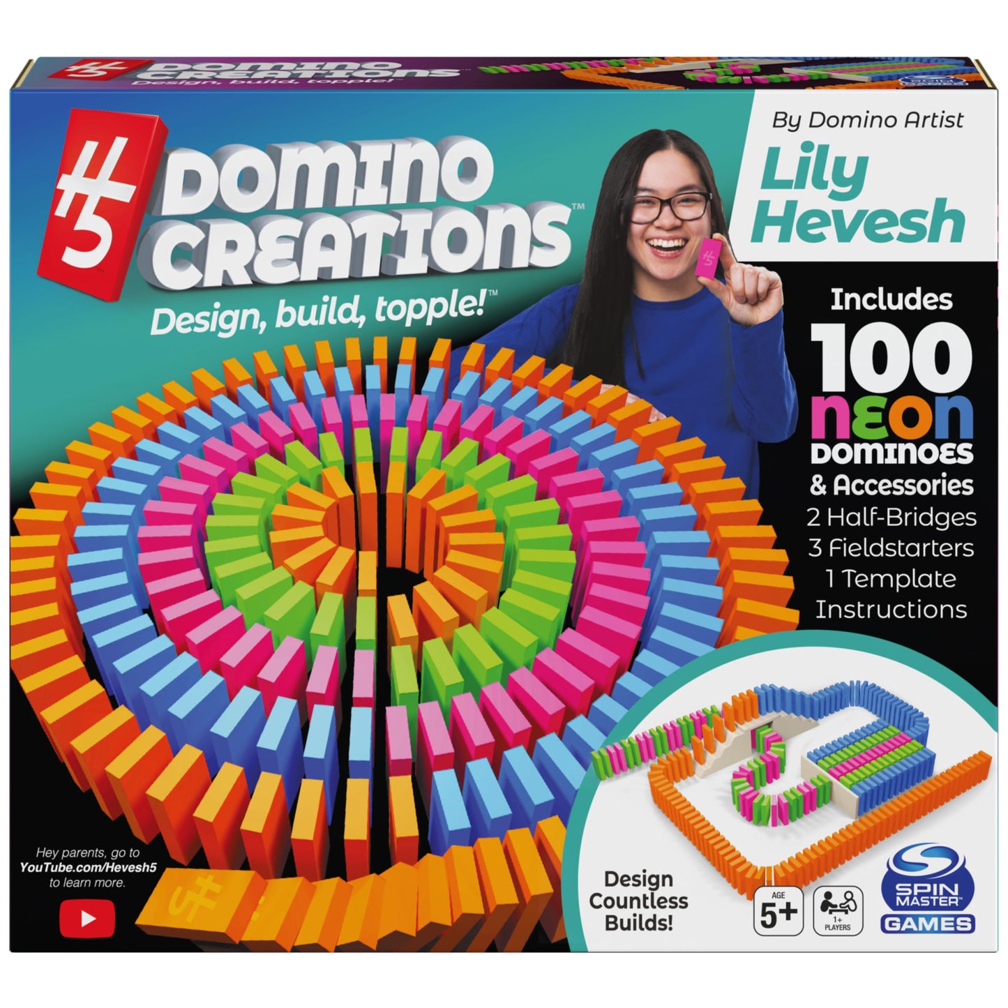 Spin Master Games, Lily Hevesh H5 Domino Creations 100-Piece Neon Dominoes Set, Building Toys for Kids & Family, Classic Activity Game, 1 & Up Players, for Ages 5 & Up