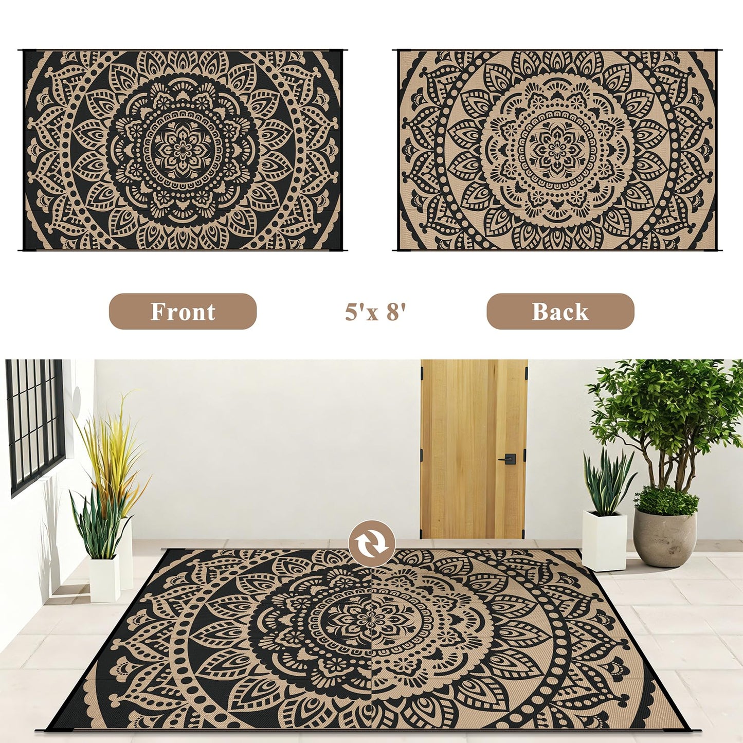 Bsmathom Waterproof Outdoor Rug 5'x8' Reversible Boho Plastic Straw Patio Deck Camping Rugs, Indoor Outdoor Portable RV Mat Clearance Carpet for Outside, Porch, Balcony, Backyard, Beach, Pool