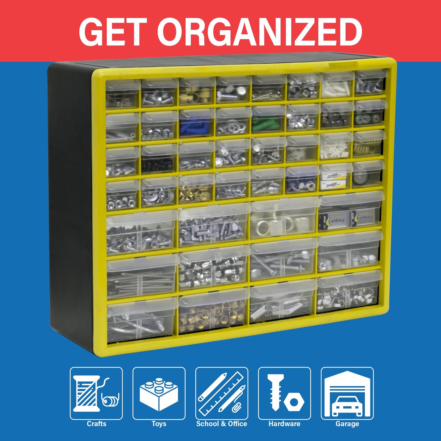 Akro-Mils 10144 44-Drawer Plastic Drawer Storage Cabinet for Garage Organization, Building Bricks Storage, Teacher Toolbox, Makeup Organizer, and More, 20-Inch W x 6-Inch D x 16-Inch H, Yellow
