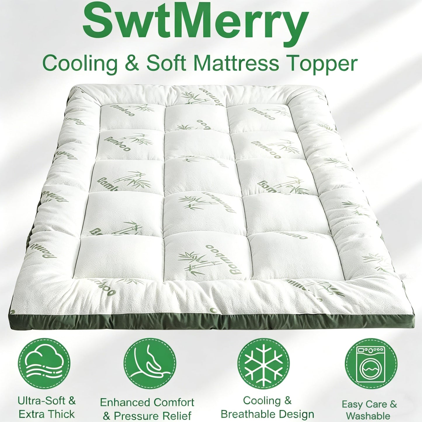 Swtmerry Extra Thick Mattress Topper Queen Size - 1000GSM Cooling Bamboo Mattress Pad Cover - Soft & Plush Mattress Protector - Pillow Top Bed Topper for Firm Mattress,60"x80"