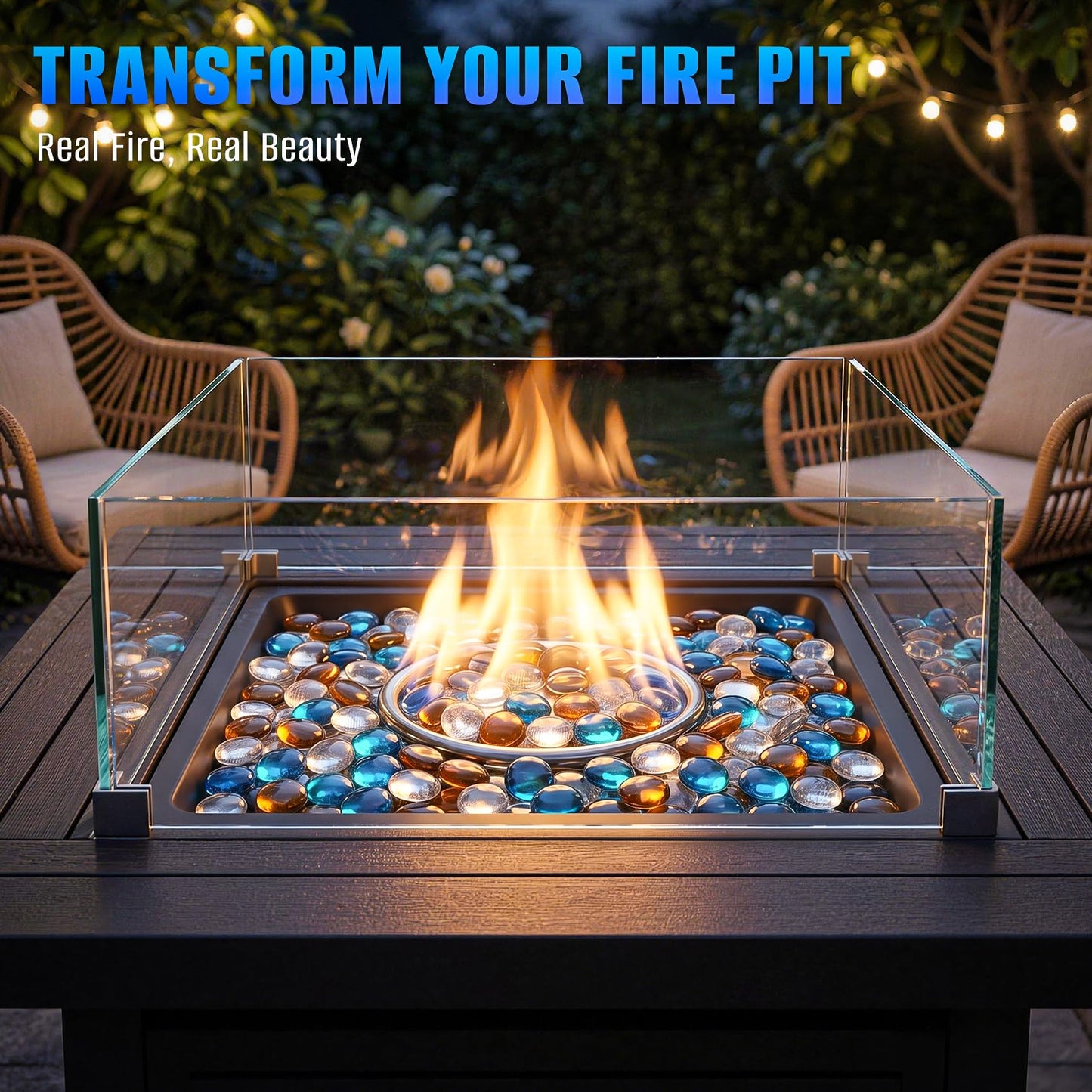 Mr. Fireglass 10 Pound Blended Fire Glass Beads, 1/2" High Luster Mixed Colored Fire Glass Drops for Fireplace Fire Pit & Lanscaping, Caribbean Blue, Crystal Ice, Caramel