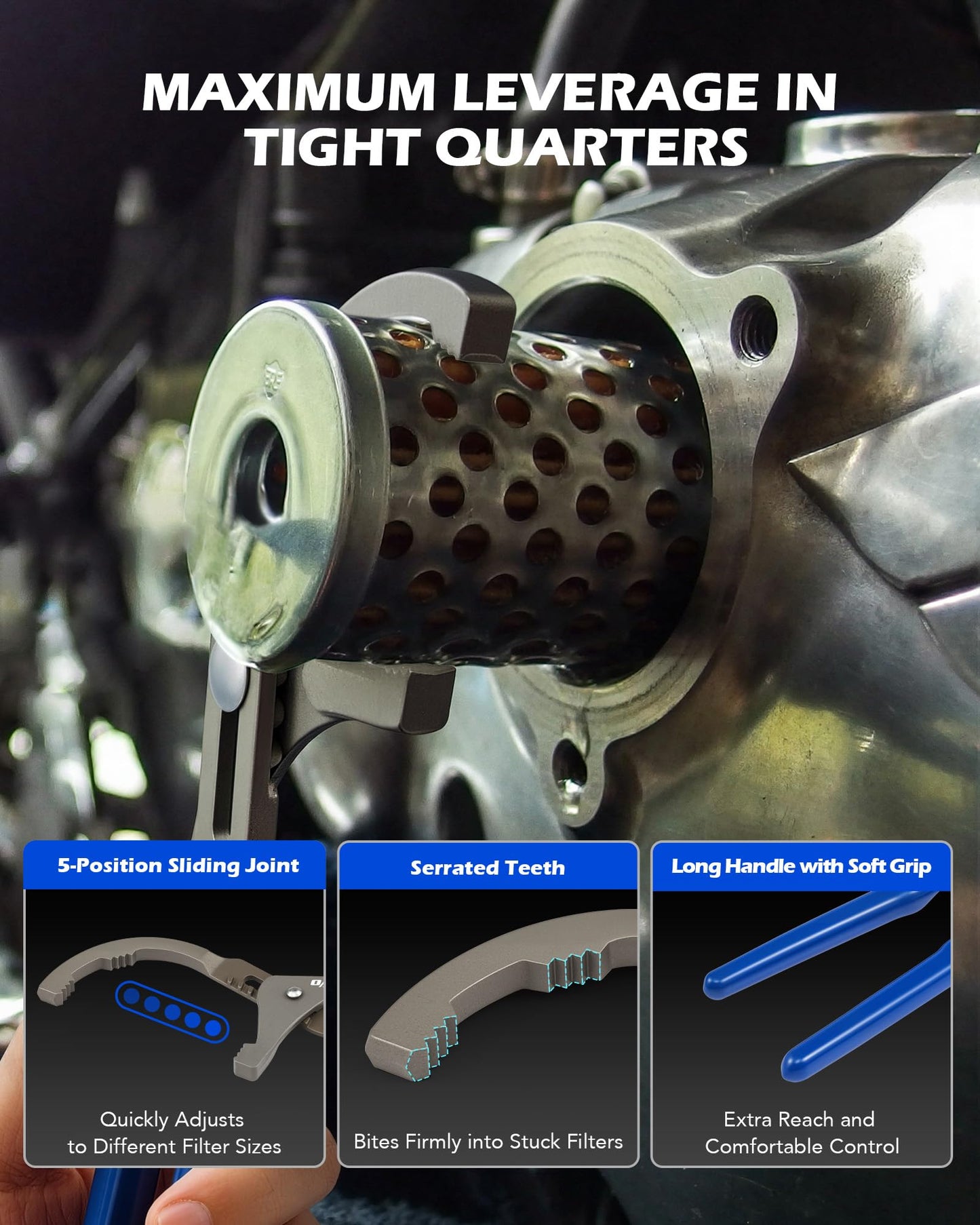 Orion Motor Tech Oil Filter Wrench Set, 9 Piece Oil Filter Removal Tool Kit with Adjustable Oil Filter Wrenches 70-135 mm, 24 & 32 cm Pliers, 1/2" to 3/8" Adapter, Universal 3-Jaw Removal Tool