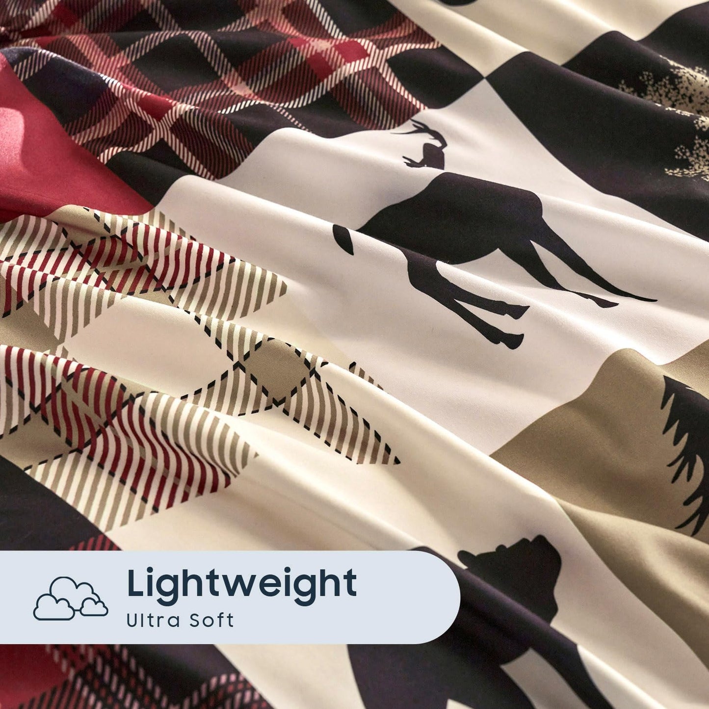 Wake In Cloud - Rustic Comforter Set, Cabin Christmas Farmhouse Western Lodge Woodland Wildlife Patchwork RV Outdoor Theme, Soft Lightweight Bedding, 3-Piece, Burgundy Black, Queen Size