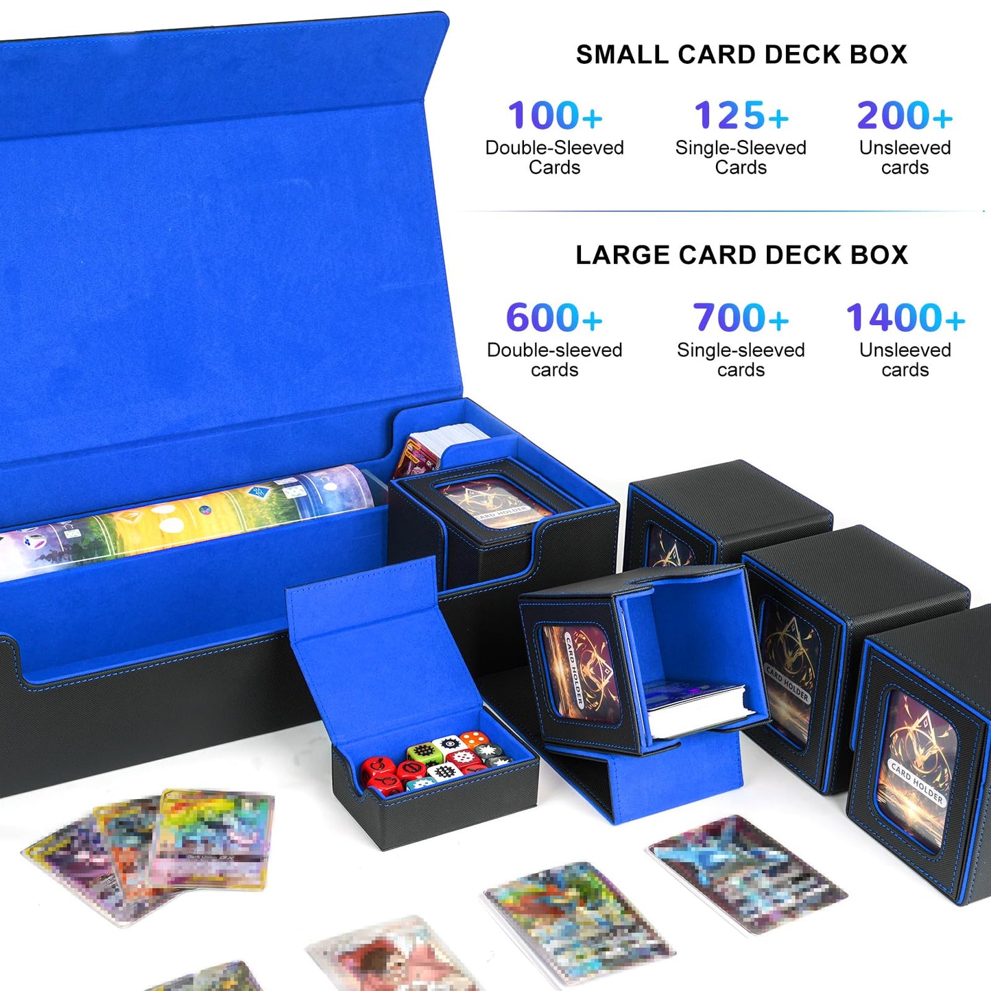 Jaffzora Card Deck Box for MTG Commander, Large 6 in 1 Card Storage Display Case with 5PCS TCG Deck Boxes & Dice Tray, Holds 2400+ Unsleeved Trading Cards (Black&Blue Set)