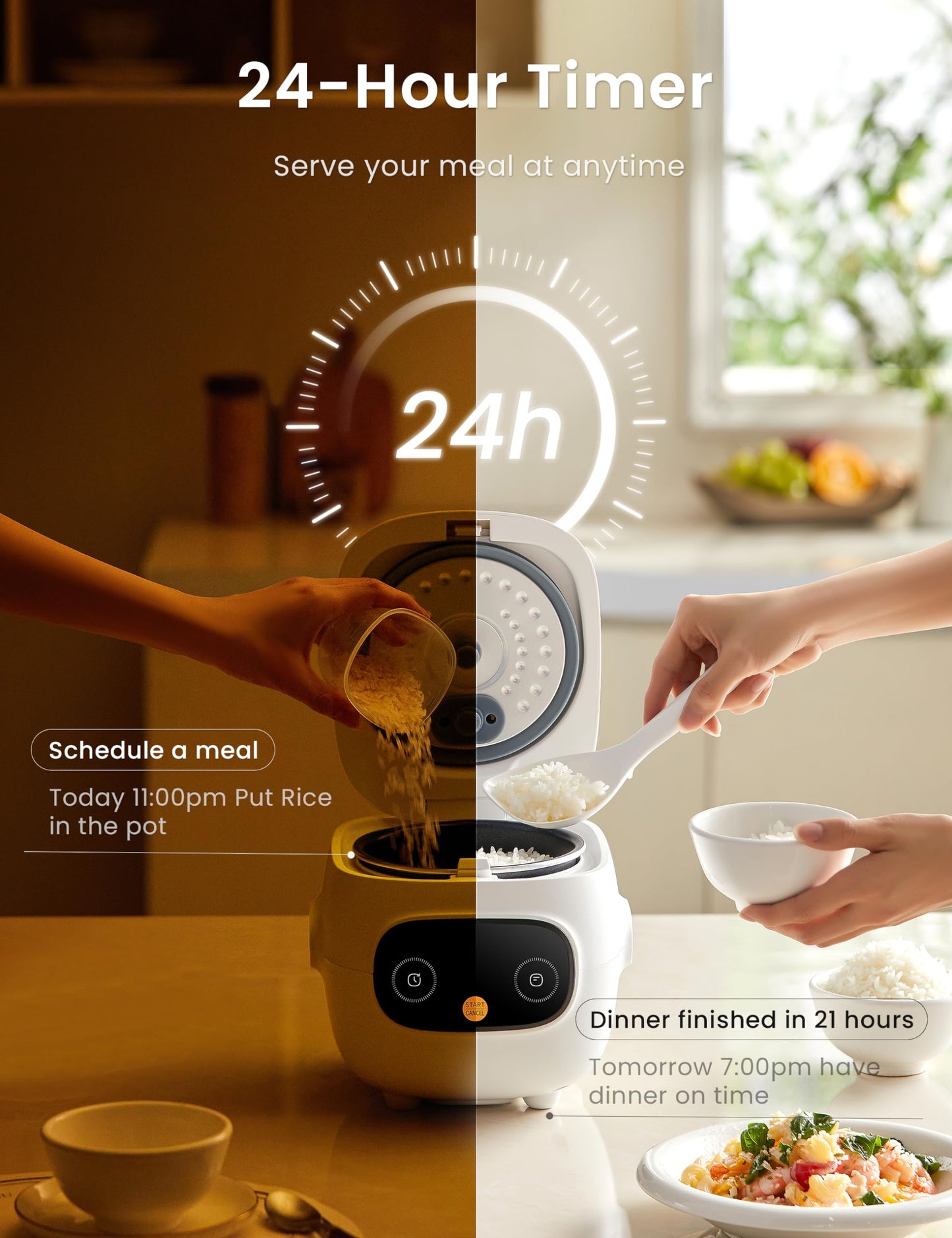COMFEE Mini Rice Cooker 5 Cups Cooked/2.5 Cups Uncooked, Portable Non-Stick Rice Maker, 24 Hour Timer Delay, 6 Functions, Fast Cooker, Brown Rice, Oatmeal, White