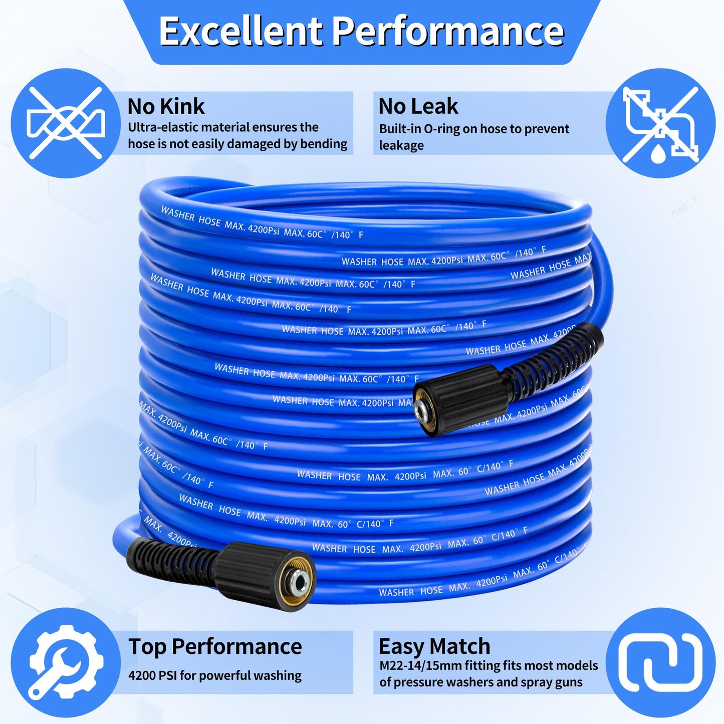 Pressure Power Washer Hose 50 FT x 1/4", Super Flexible Kink Resistant Car Washer Replacement with M22 Fittings & 3/8" Quick Connect Adapters for Ryobi Troy Bilt Flexzilla Greenworks & More, 4200PSI