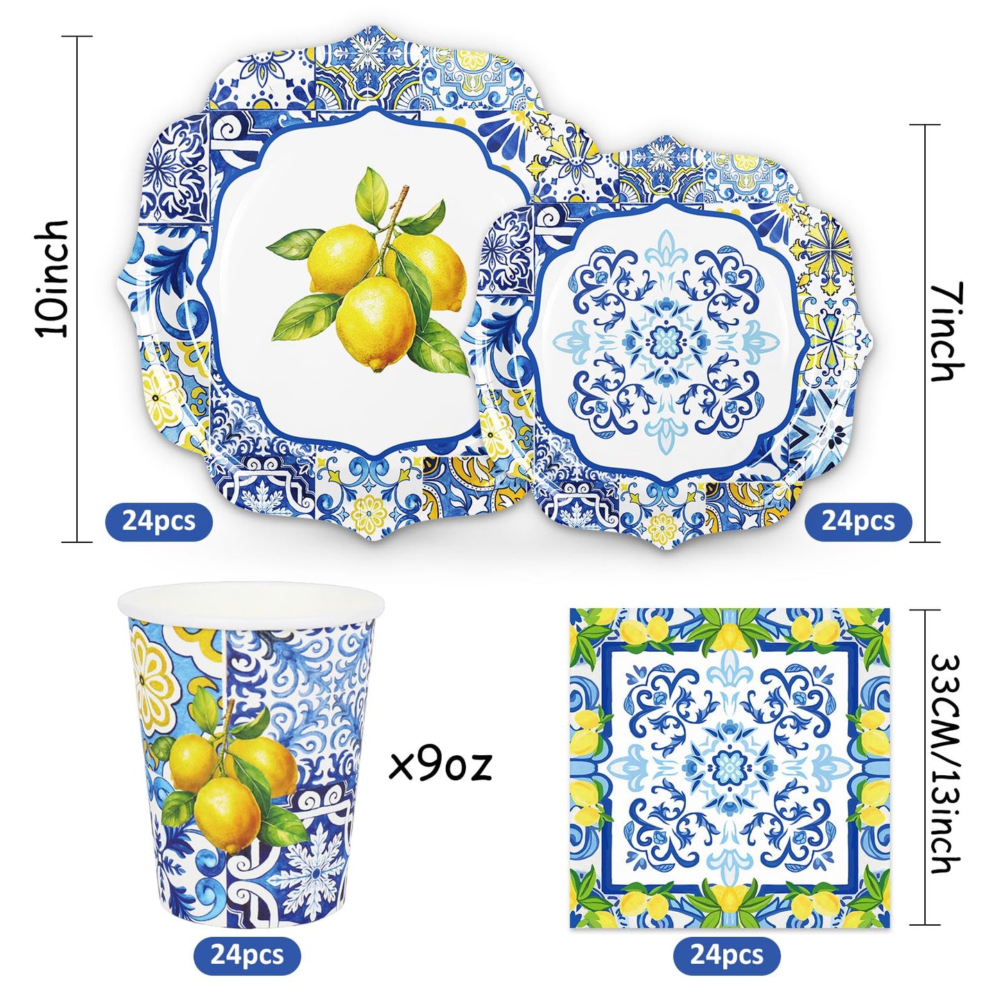 Whaline 96Pcs Capri Lemon Tableware Set Blue Tiles Yellow Lemon Disposable Dinnerware 24 10'' Plates 24 7'' Plates 24 Napkins 24 9oz Cups for Summer Birthday Party, Serves 24