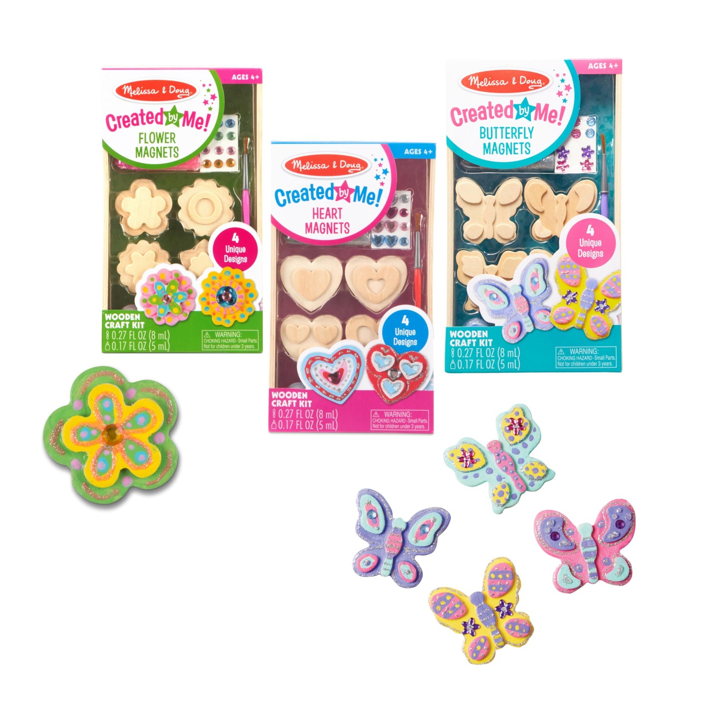 Melissa & Doug Created By Me! Paint & Decorate Your Own Wooden Magnets 3-Pack – Butterflies, Hearts, Flowers Craft KitsKids Craft Kits, Great Activity for Rainy Days and Party Favors, Ages 4+