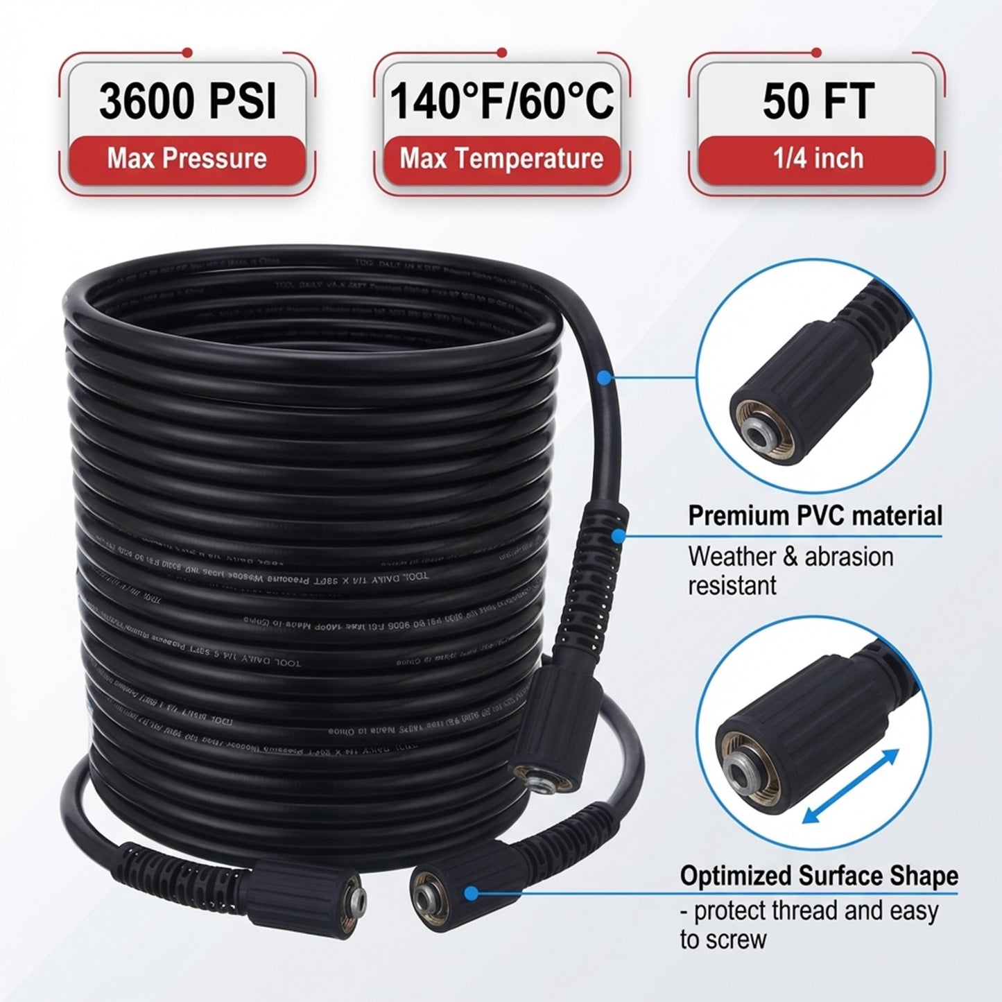 Tool Daily High Pressure Washer Hose 50 FT X 1/4 Inch, 3600 PSI, M22 14mm, Replacement Power Washer Hose for Most Brands