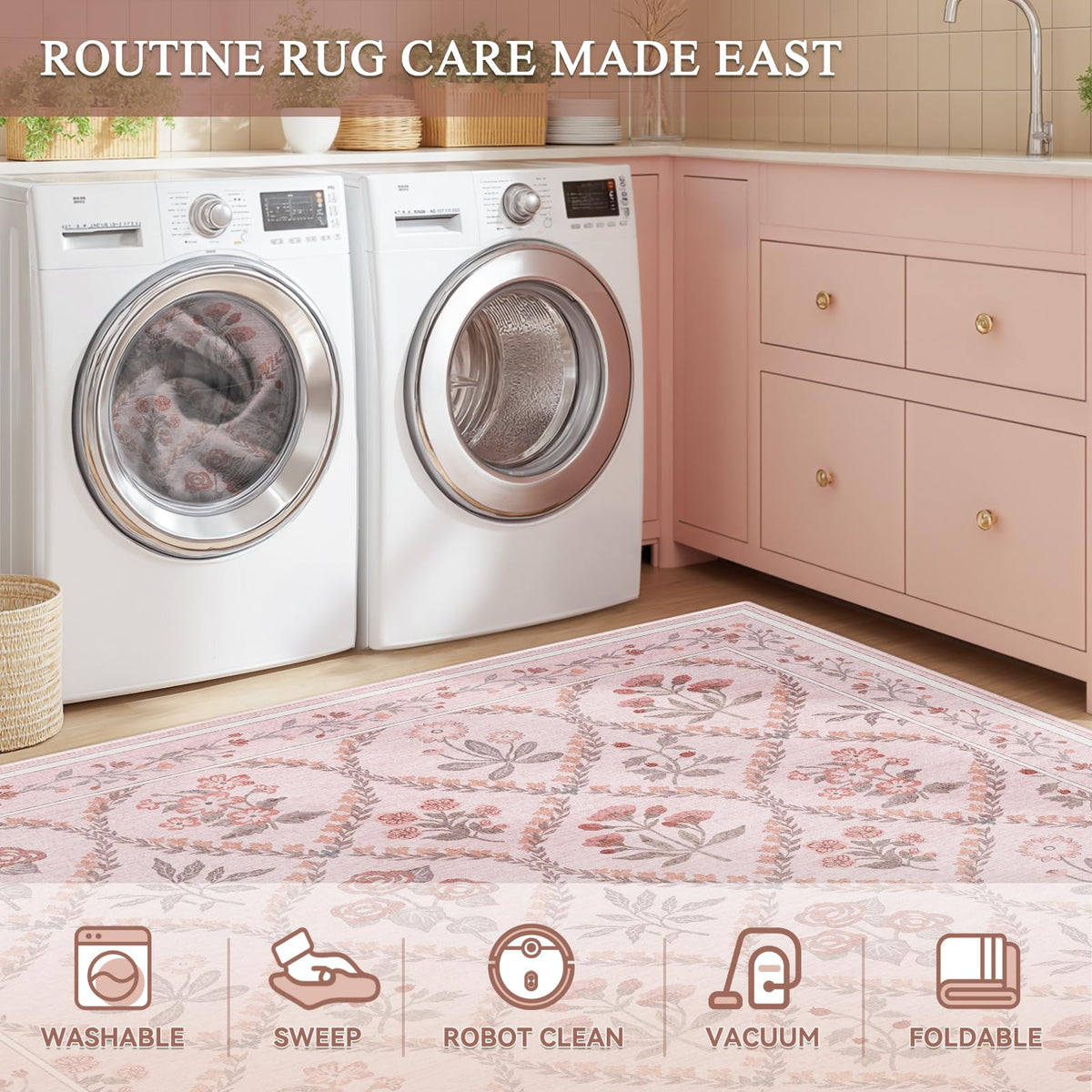 Dadasgk Area Rug 5x7 Washable Rugs for Living Room, Pink Boho Floral Rugs for Bedroom Nursery Girls, Soft Non-Slip Low-Pile Large Carpet for Kids Room Playroom Dorm Dining Room, Light Pink Cute