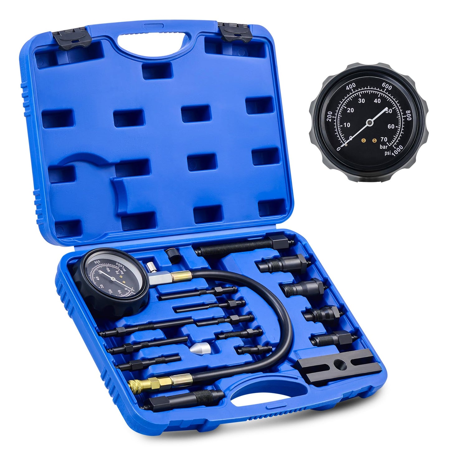 Orion Motor Tech Diesel Engine Compression Tester Kit, 16 pc Cylinder Compression Tester Kit with 0-1000 psi Fuel Pressure Gauge Adapters Carrying Case, Universal Diesel Car Motorcycle Diagnostic Tool
