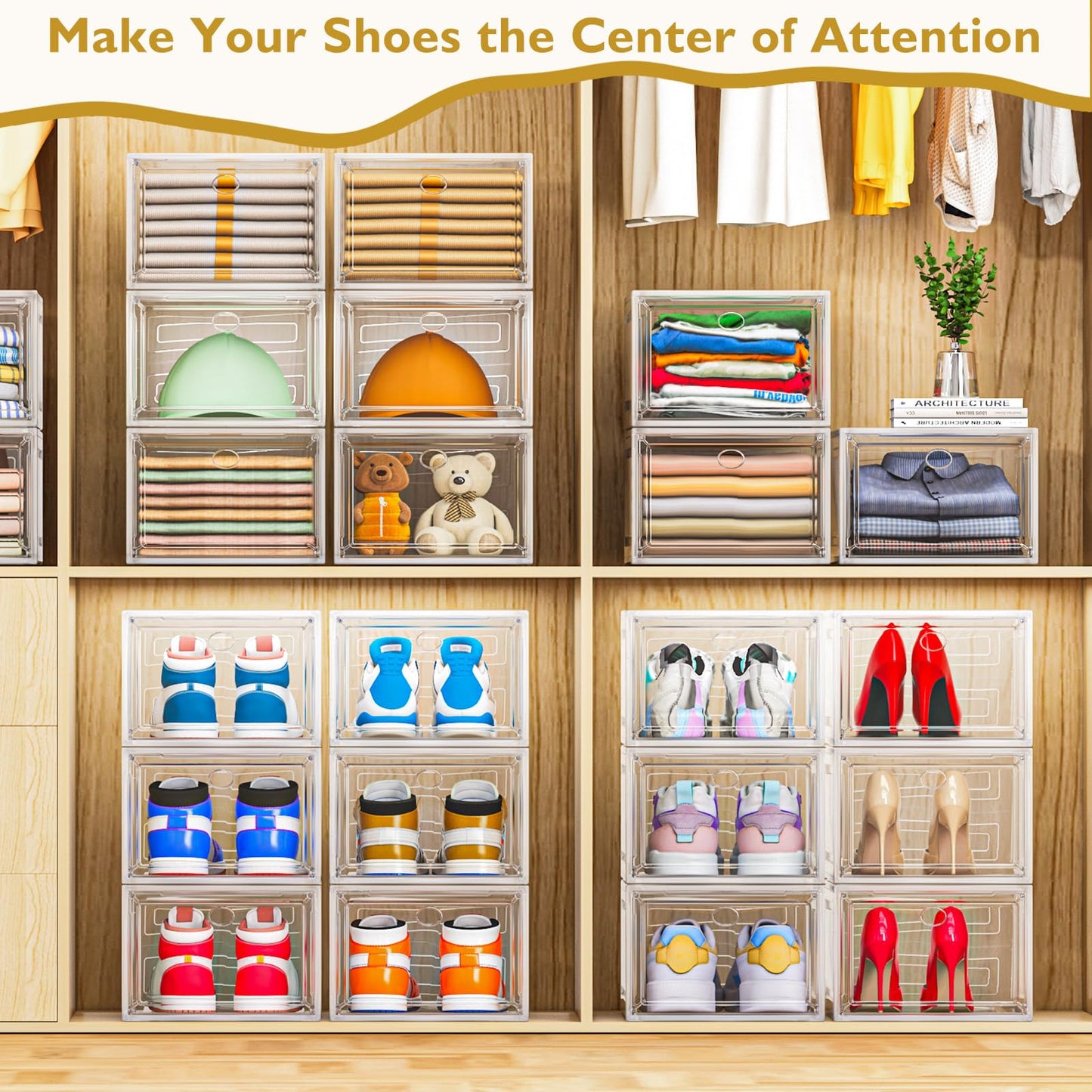 Large Clear Shoe Boxes Organizer [Thicker Material] Stronger Shoe Box with Magnetic Door, Stackable Shoe Storage Box for Closet, Foldable Space-Saving Storage Bins Shoe Cabinet, Clear White, 9-Pack