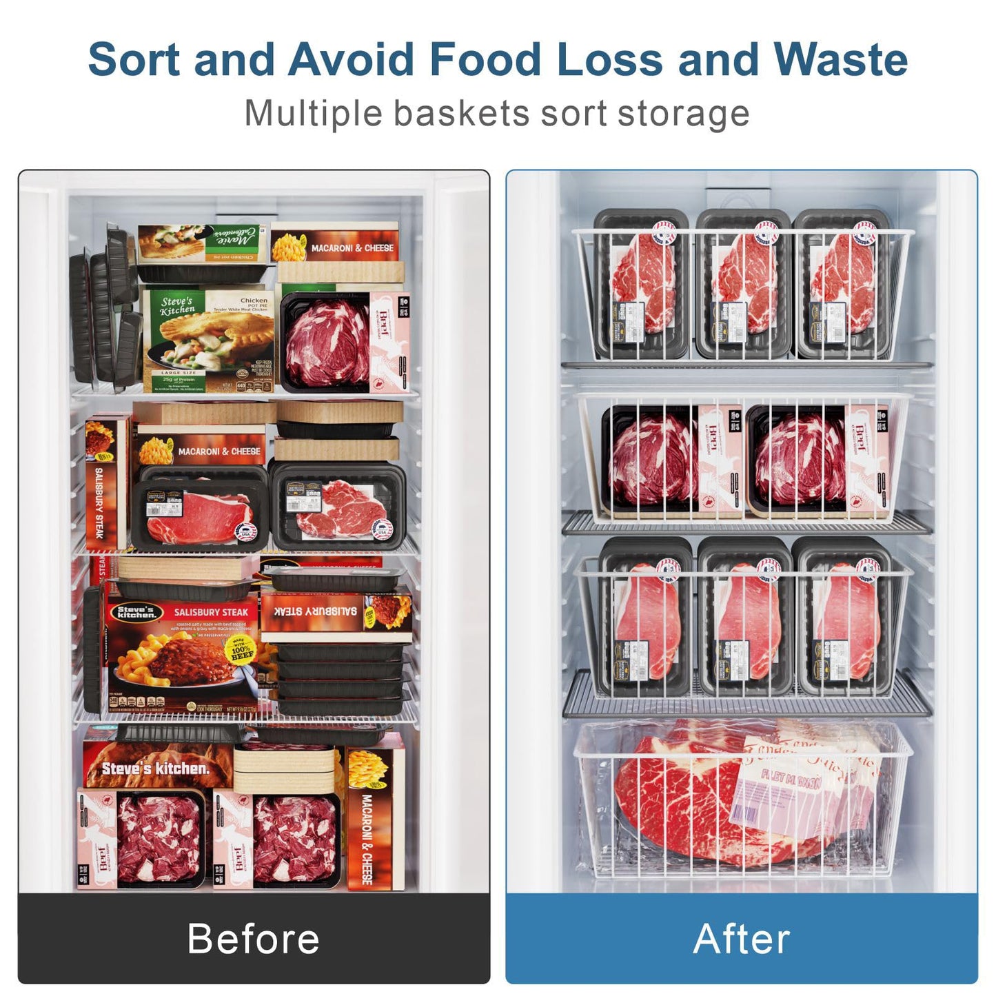 iSPECLE 6 Pack Upright Freezer Organizer Bins for 11 Cu.Ft, Heavy Duty Wire Storage Baskets with Handles, Rust-Resistant Metal Crates for Meat & Veggies, Stand Up Freezer Organization, White