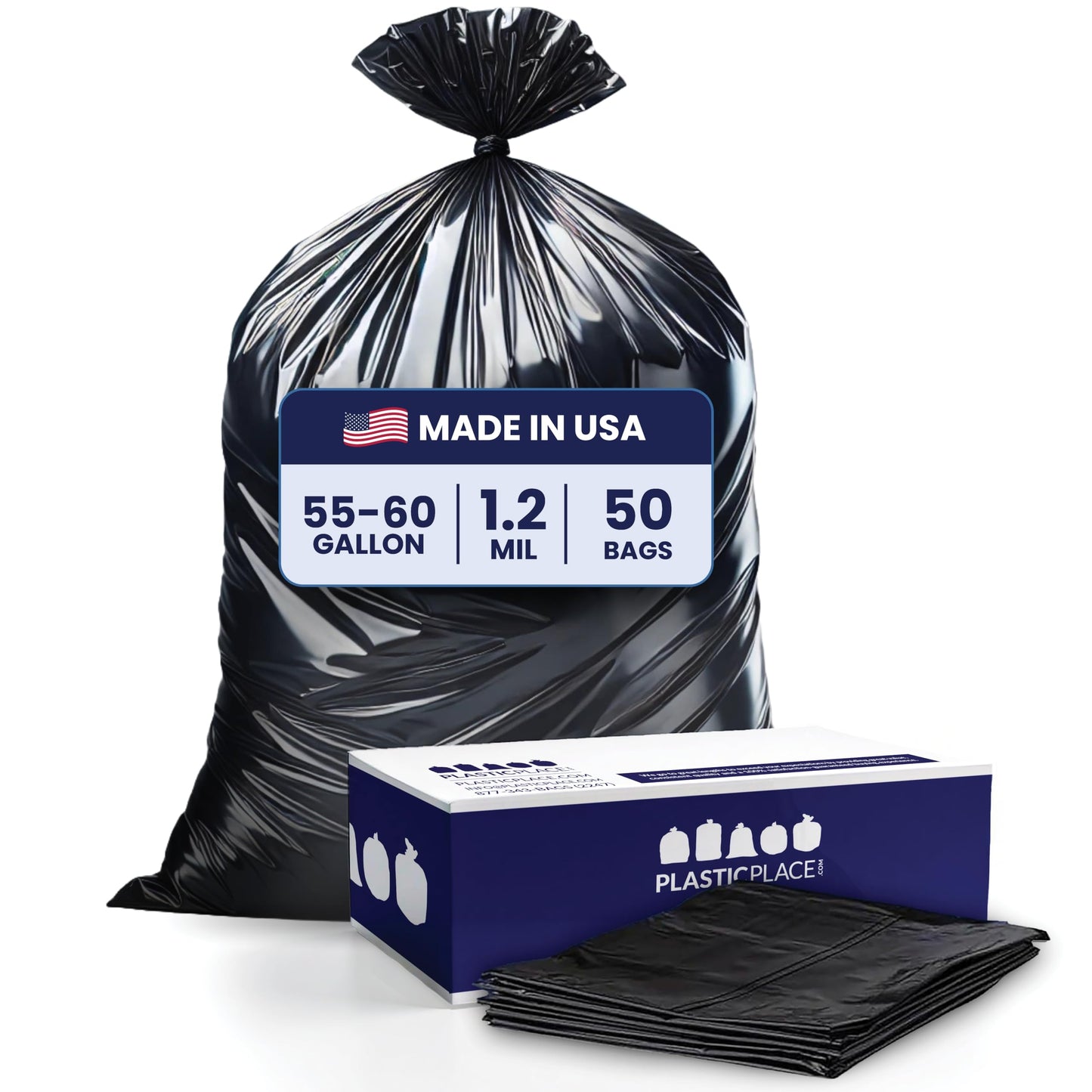 Plasticplace 55-60 Gallon Trash Bags, 1.2 Mil‚ Black Heavy Duty Garbage Can Liners‚ 38” x 58” (50 Count)