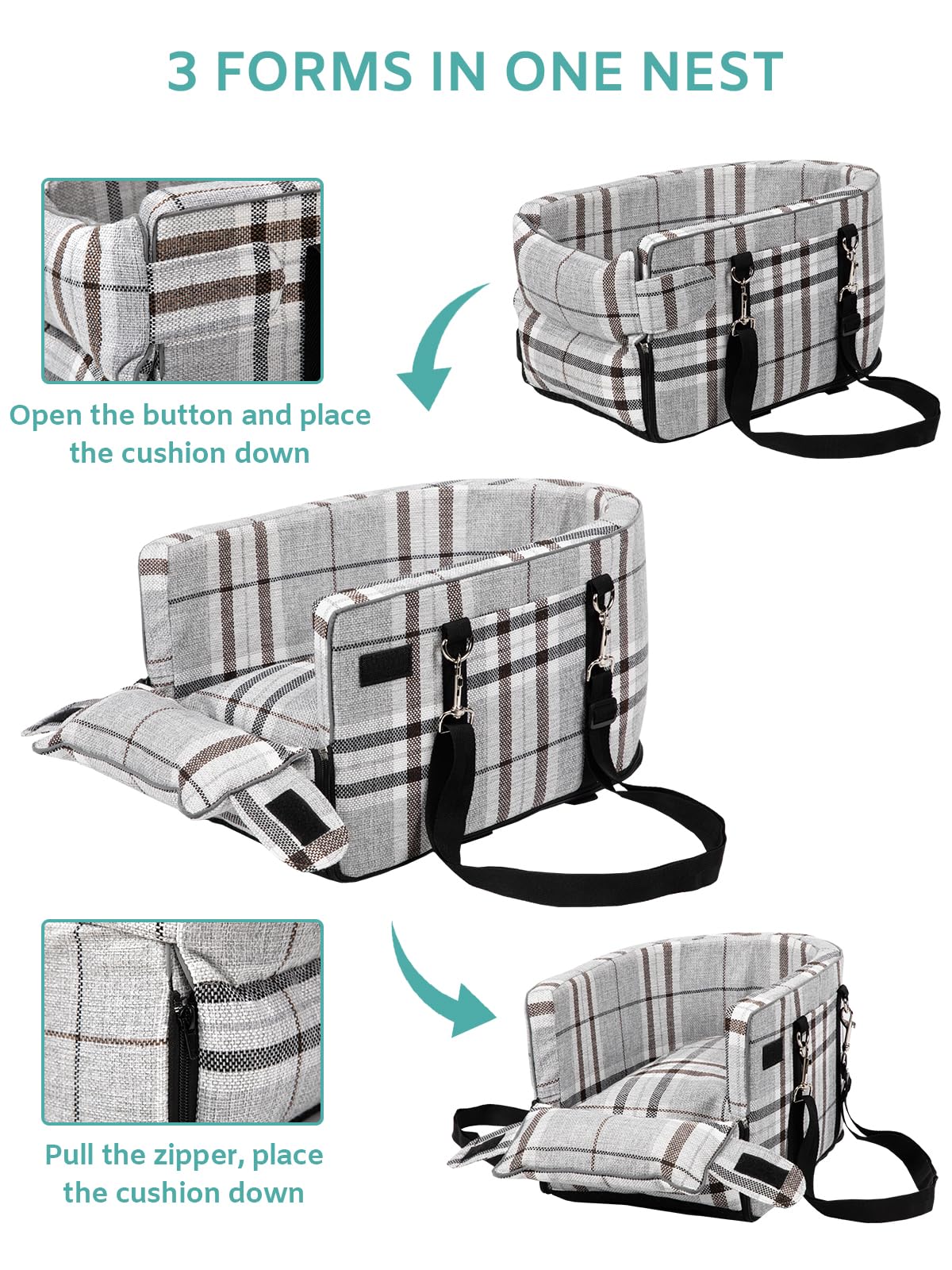 Prpeko Small Dog Car Seat, Portable Dog Seat with Soft Washable Cushion,Center Console Dog Car Seat for Small Dogs Up to 13lbs(Grid Grey)