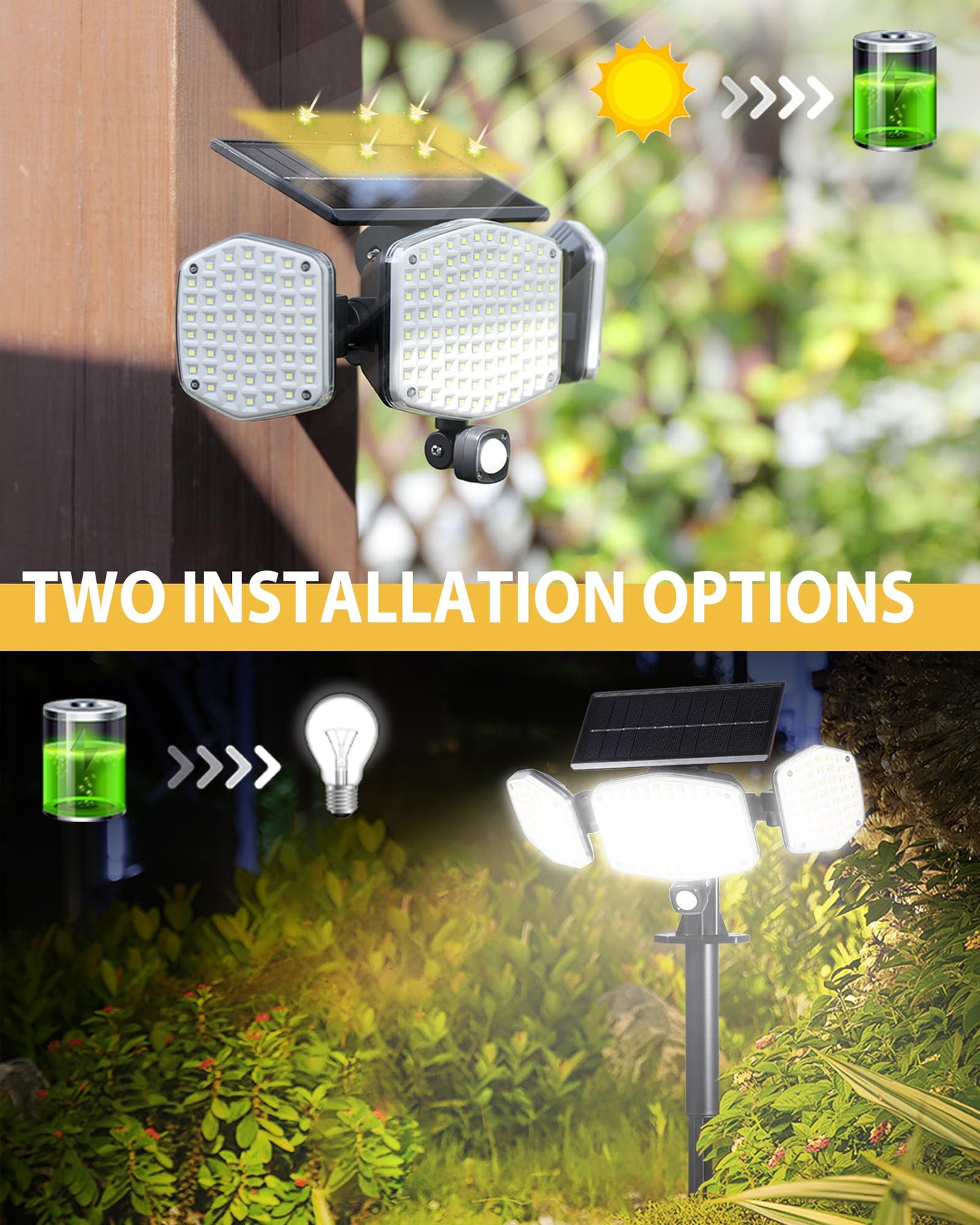 HAARAY Solar Outdoor Lights Motion Sensor Outdoor Lights with Ground Stakes, 208 LED Super Bright IP65 Waterproof 3 Head Security Flood Lights for Front Door Garden Porch Fence