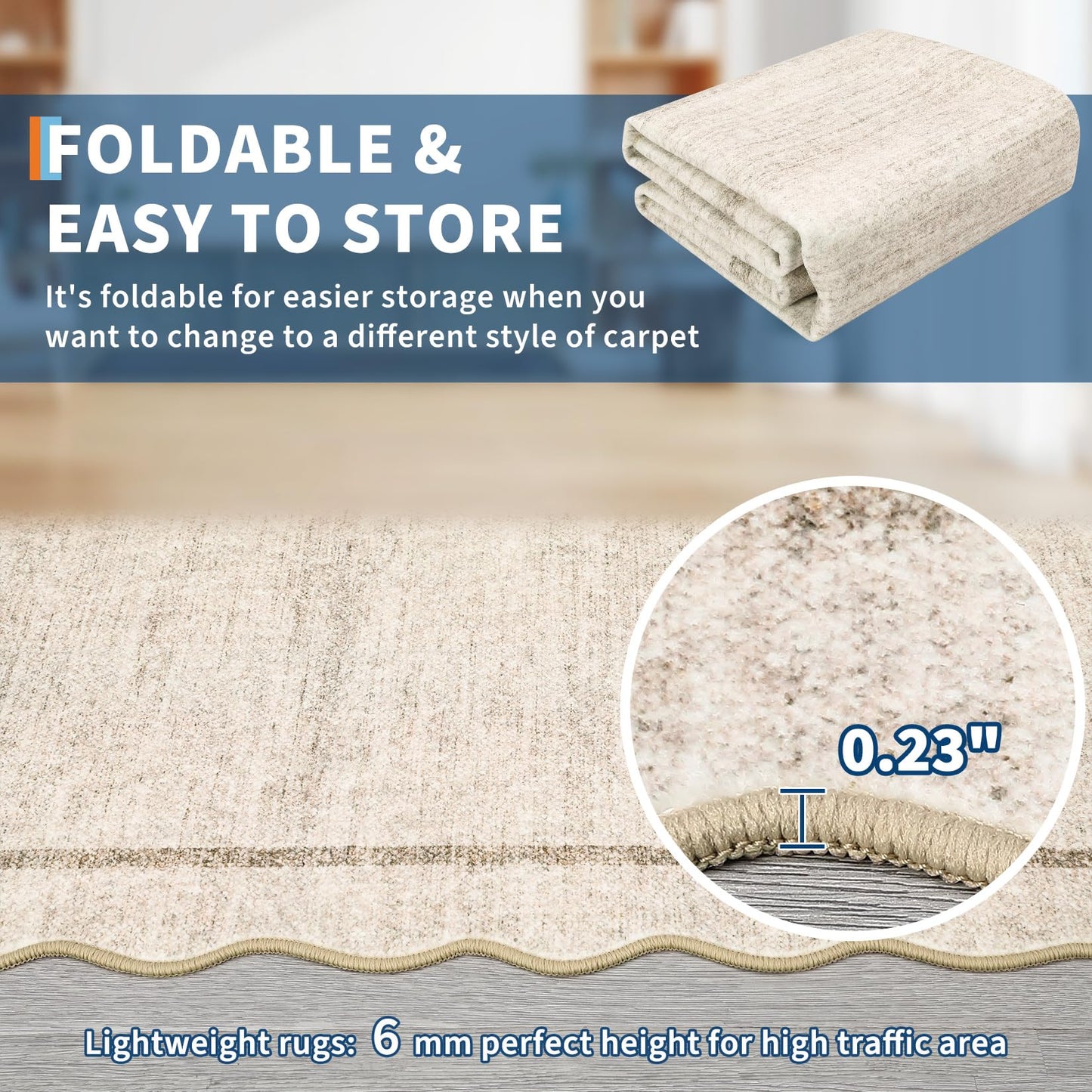 GarveeHome Scalloped Washable Rugs 5x7 Rug for Living Room Modern Non Slip Large Area Rug for Bedroom Decor Farmhouse Low Pile Stain Resistant Carpet for Office Dining Room Classroom 5 ft x7 ft Beige