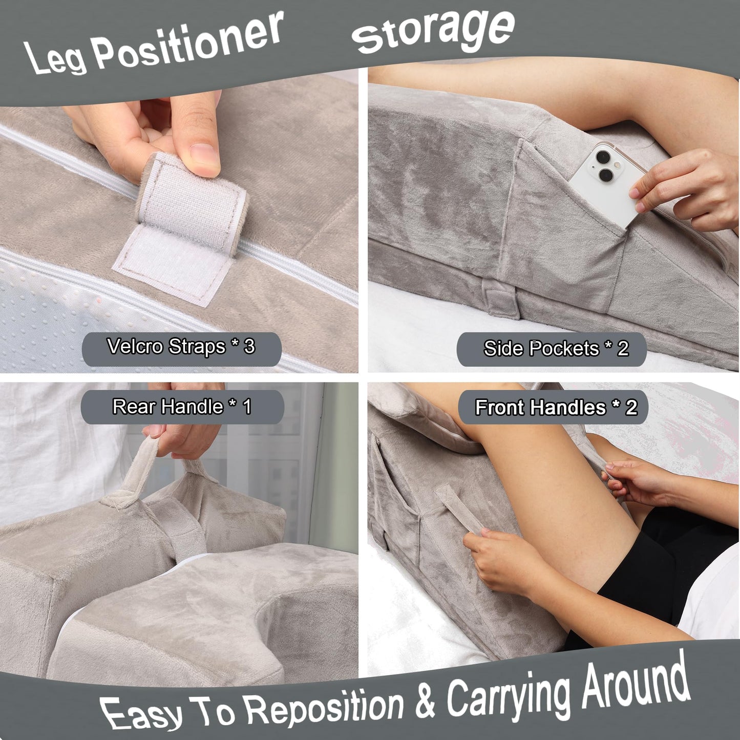 WDBBYL Leg Elevation Pillow, 3 Modes For Knee Ankle & Leg Raise After Surgery, Memory Foam U-shaped Leg Positioner, Side Pockets, Washable Velvet Cover (Grey)