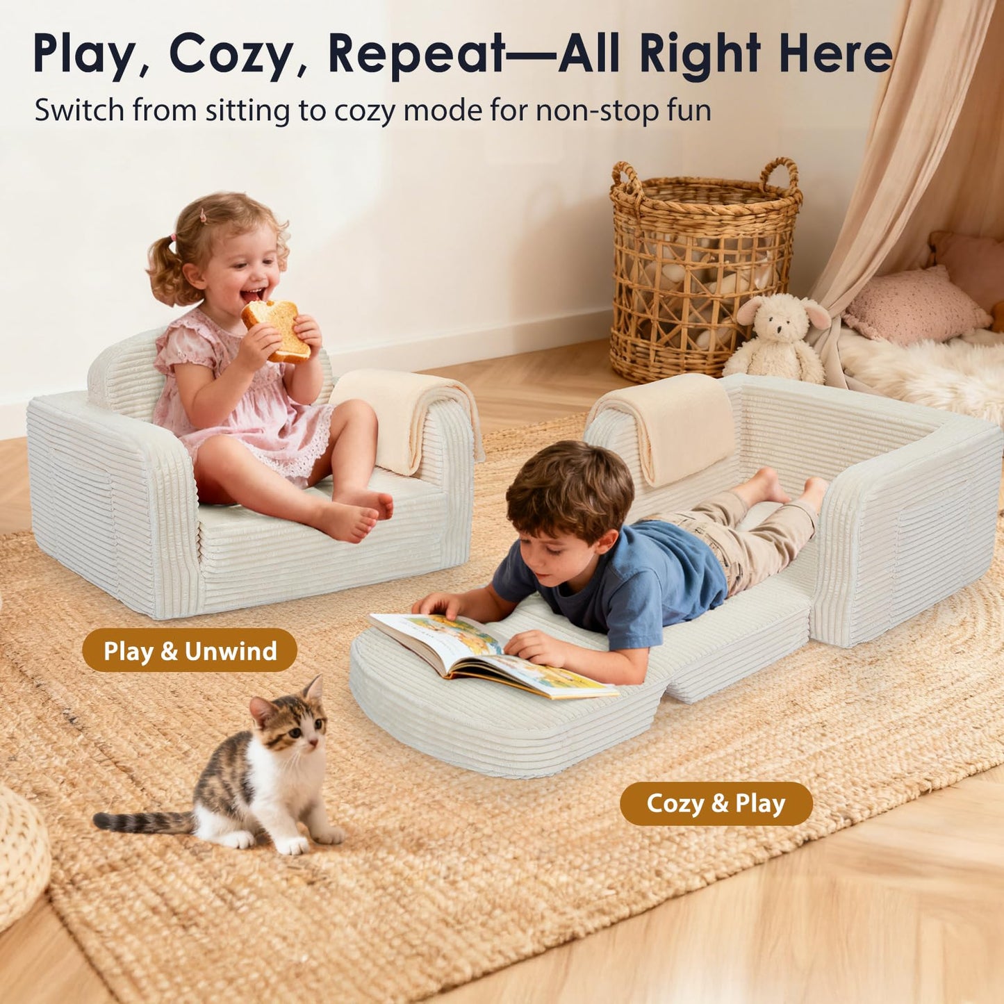 2 in 1 Convertible Kids Couch - Corduroy Fold Out Kids Sofa Chair with Blanket, Comfy Comfortable Toddler Chair, Machine-Washable Cover, for Boys Girls, Medium Beige