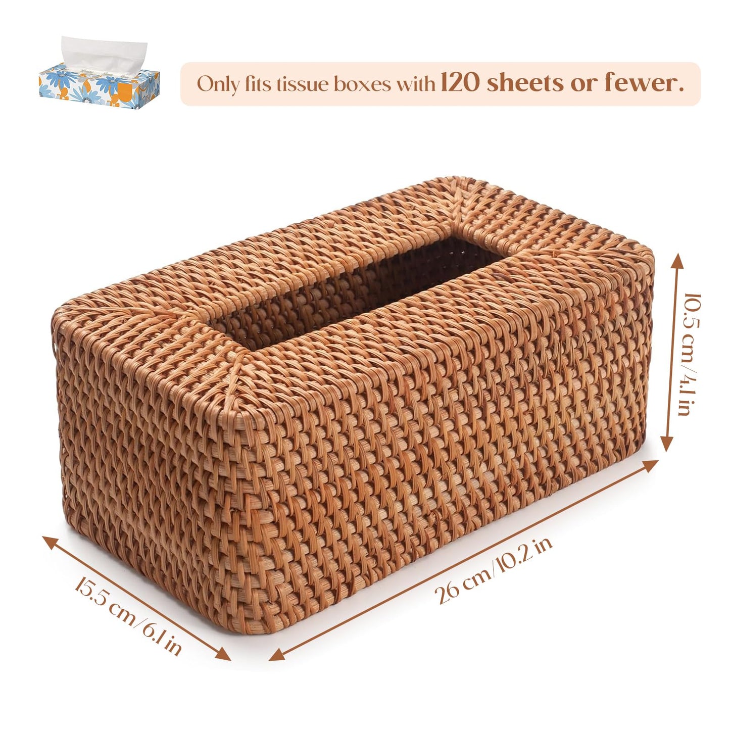 Rattan Tissue Box Cover, Rectanglar Hand Woven Wicker Tissue Holder, Boho Decorative Woven Facial Tissue Holder on Table and Bathroom, 26x15.5x10.5cm, Natural
