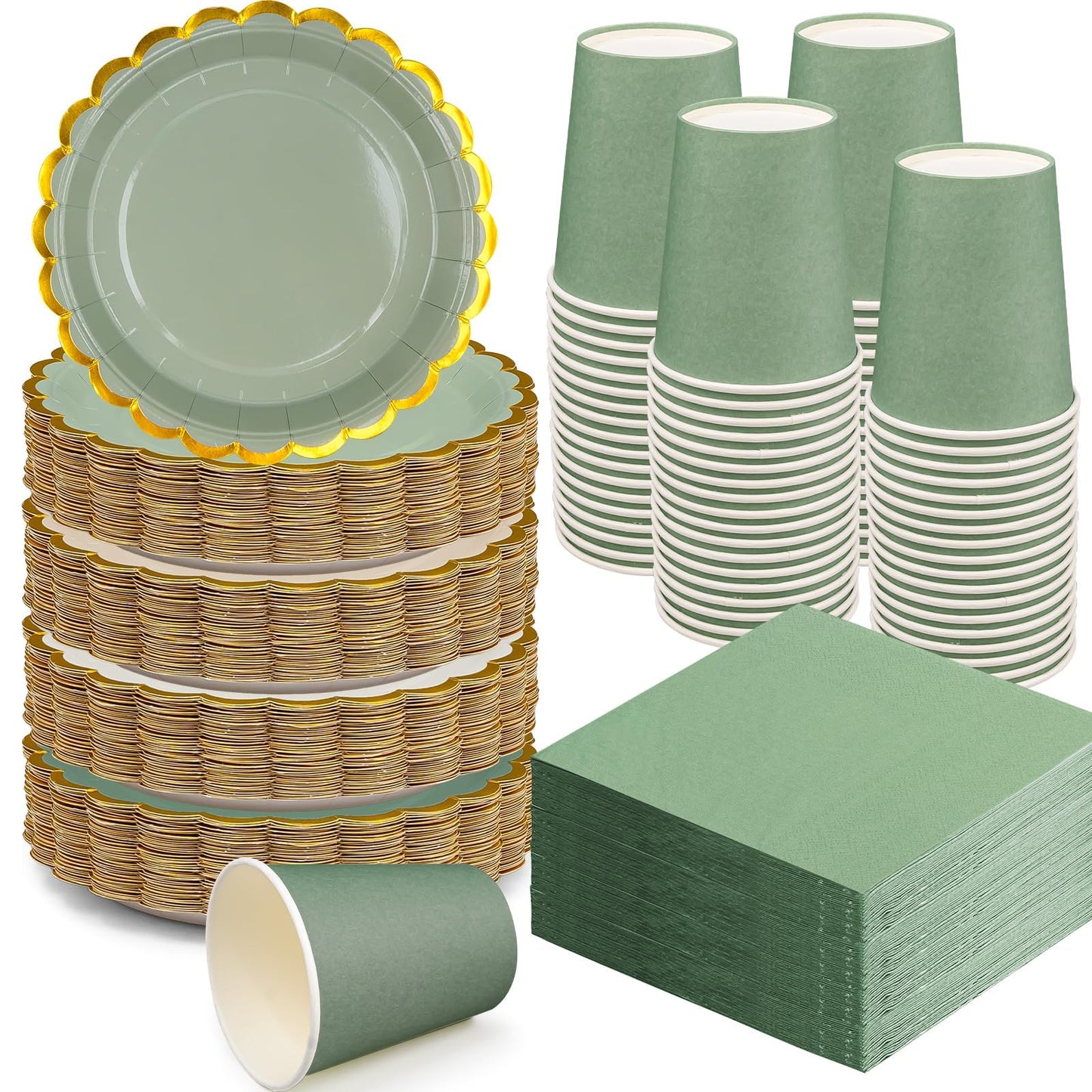 410PCS Sage Green Paper Plates and Napkins Party Supplies, Disposable Dinnerware Set Include 200 7 inch Gold Scalloped Edge Dessert Plates, 90 Cups, 120 Napkins for Bridal Baby Shower Birthday Wedding