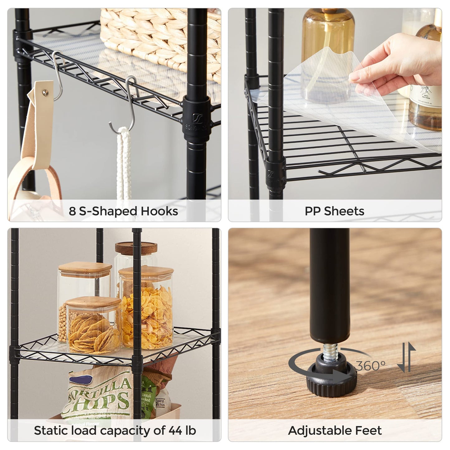 SONGMICS 5-Tier Metal Storage Shelves, Kitchen Wire Shelving Unit, Storage Rack with Adjustable Shelves, Shelf Liners, 8 Hooks, for Garage, 30 x 40 x 121 cm, Black ULGR115B01