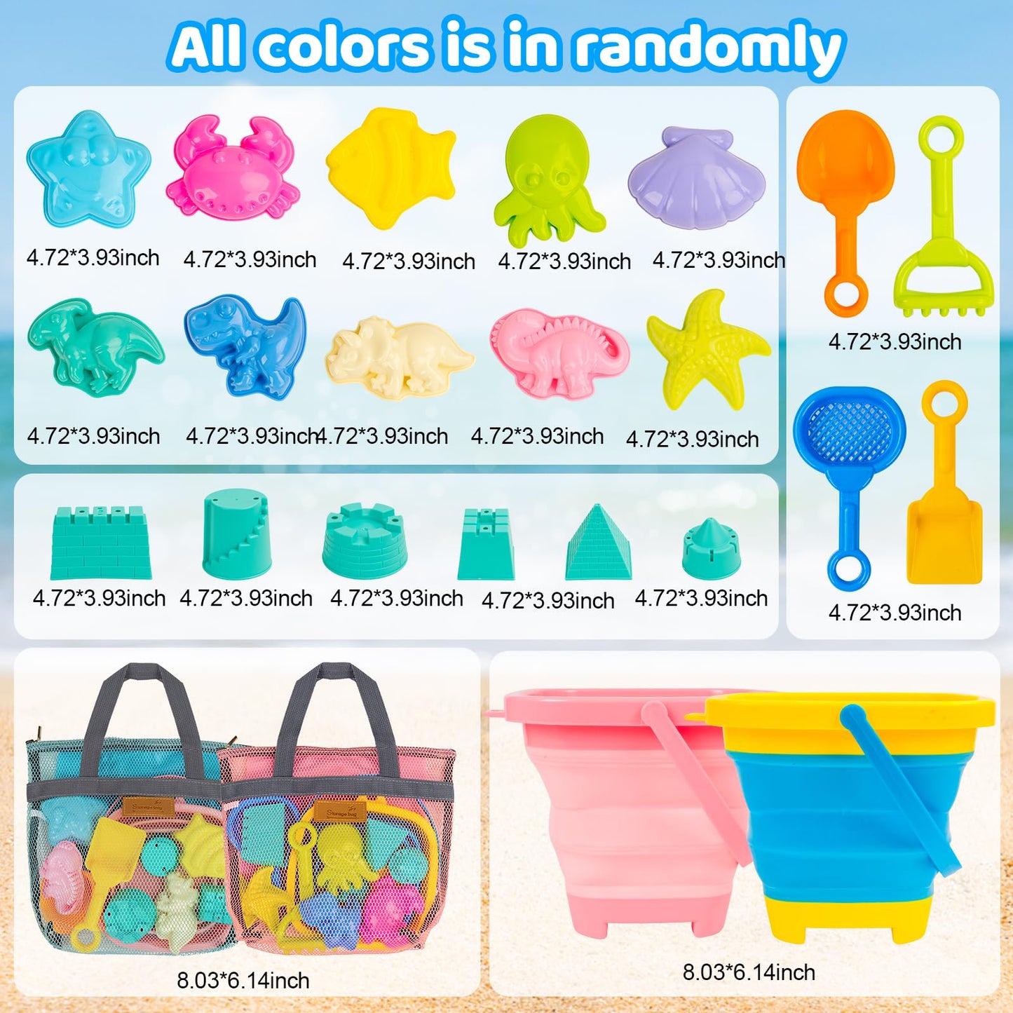 Kids Beach Sand Toys with 2 Collapsible Buckets Animal and Castle Play Sand Molds 2 Mesh Beach Shell Bags, Shovels Set Travel Sandbox Toys for Toddler Ages 3-10