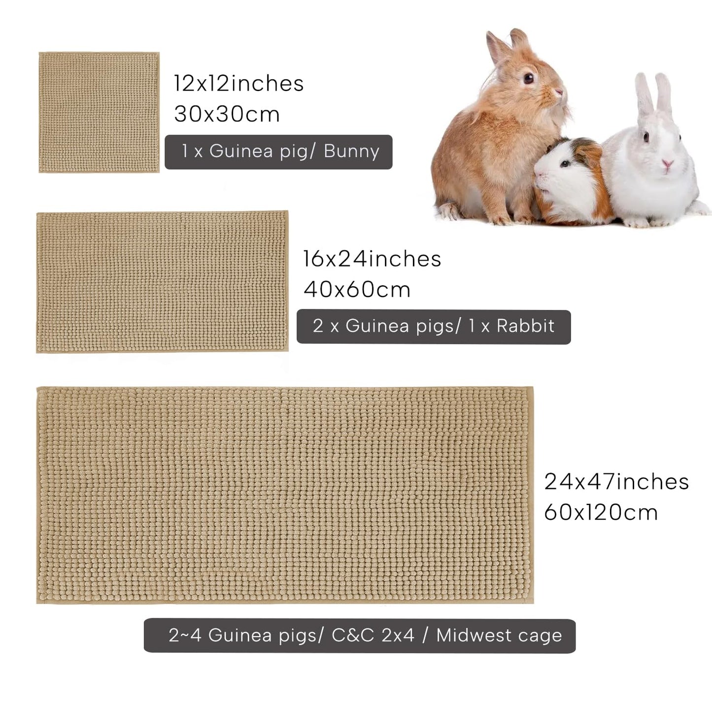 KEYIDE 2 Pack Guinea Pig Fleece Cage Liner 47"x24" C&C Cage Absorbent Rabbit Bedding Bunny Training Pad Warm Comfortable Sleep Bed Mat for Ferret Rat Hedgehog (Beige)