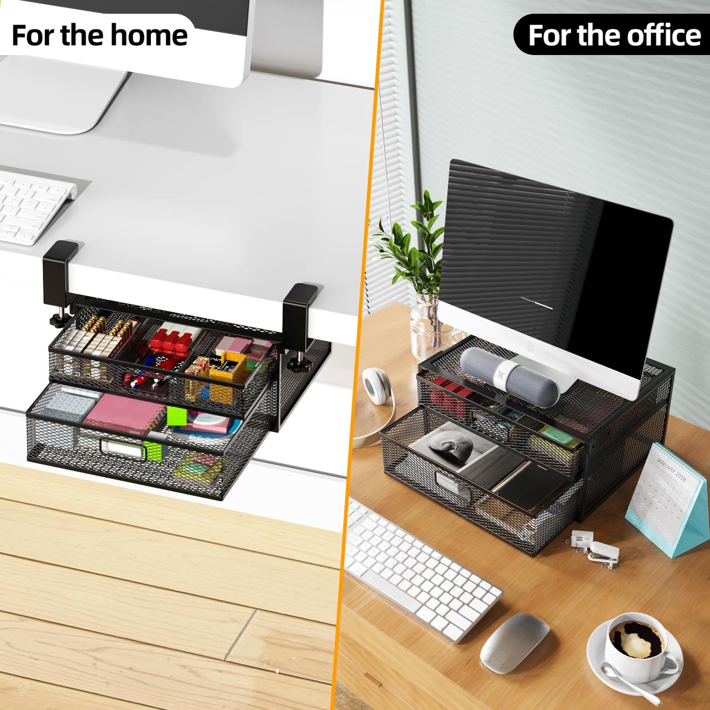 SEYHAKI Under Desk Drawer Organizer No Drilling Under Desk Storage Drawer Organizer Metal Under Desk Drawer Suitable for Home and Office(13 Inch)