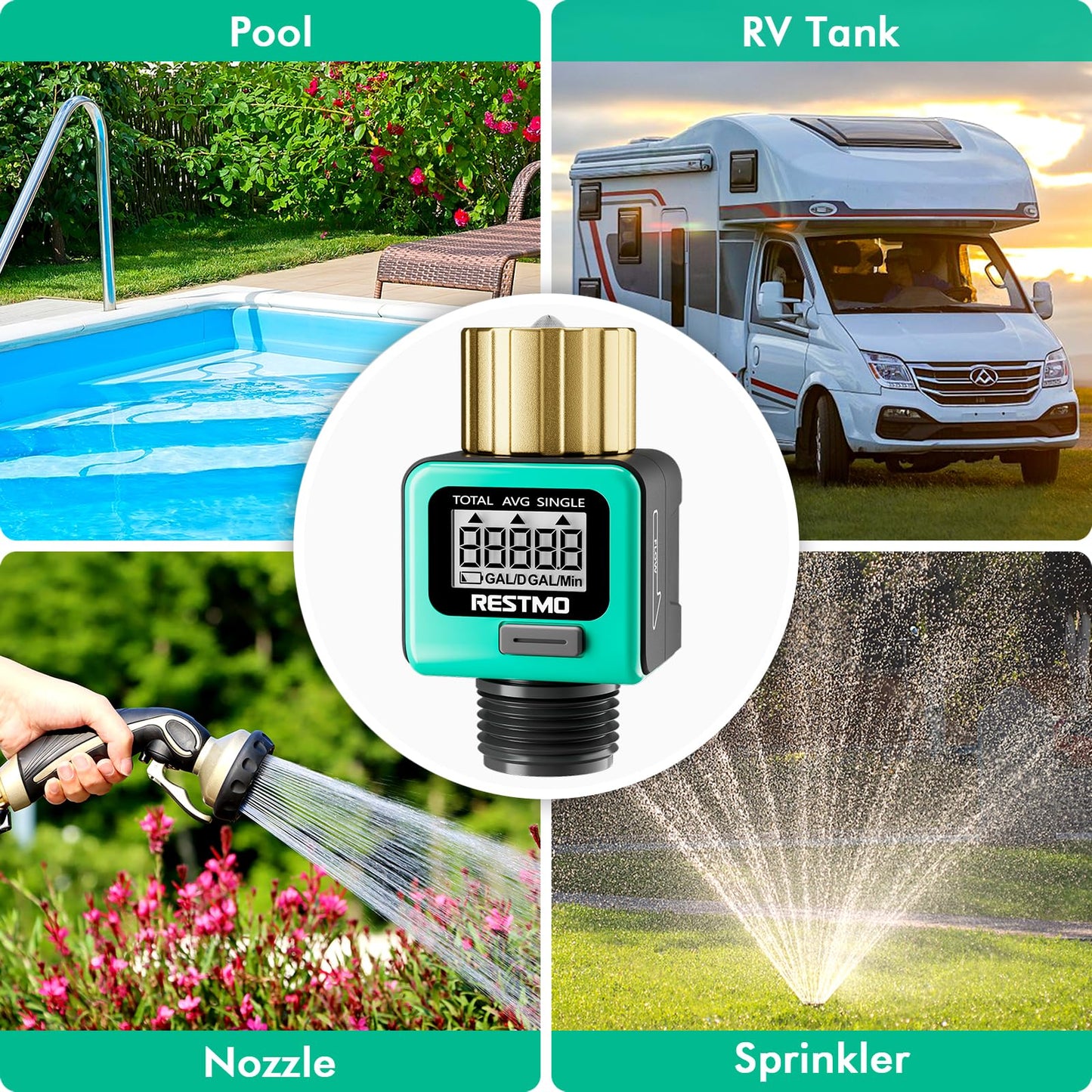 [2 Pack] RESTMO Heavy Duty Water Flow Meter, Pure Brass Inlet | Metal Thread | 4 Measure Modes | Display Gallon/Liter Usage and Flow Rate | Ideal to Track Outdoor Garden Hose Watering
