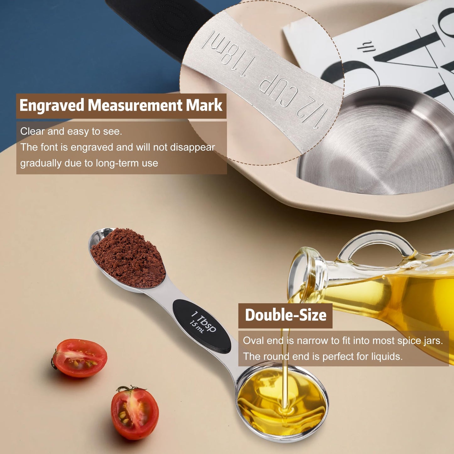 Magnetic Measuring cups and spoons Set, 5 Stainless Steel Magnetic Measuring Cup and 8 Double Sided Measuring Spoons with 1 Leveler，Kitchen Gadgets for Cooking & Baking