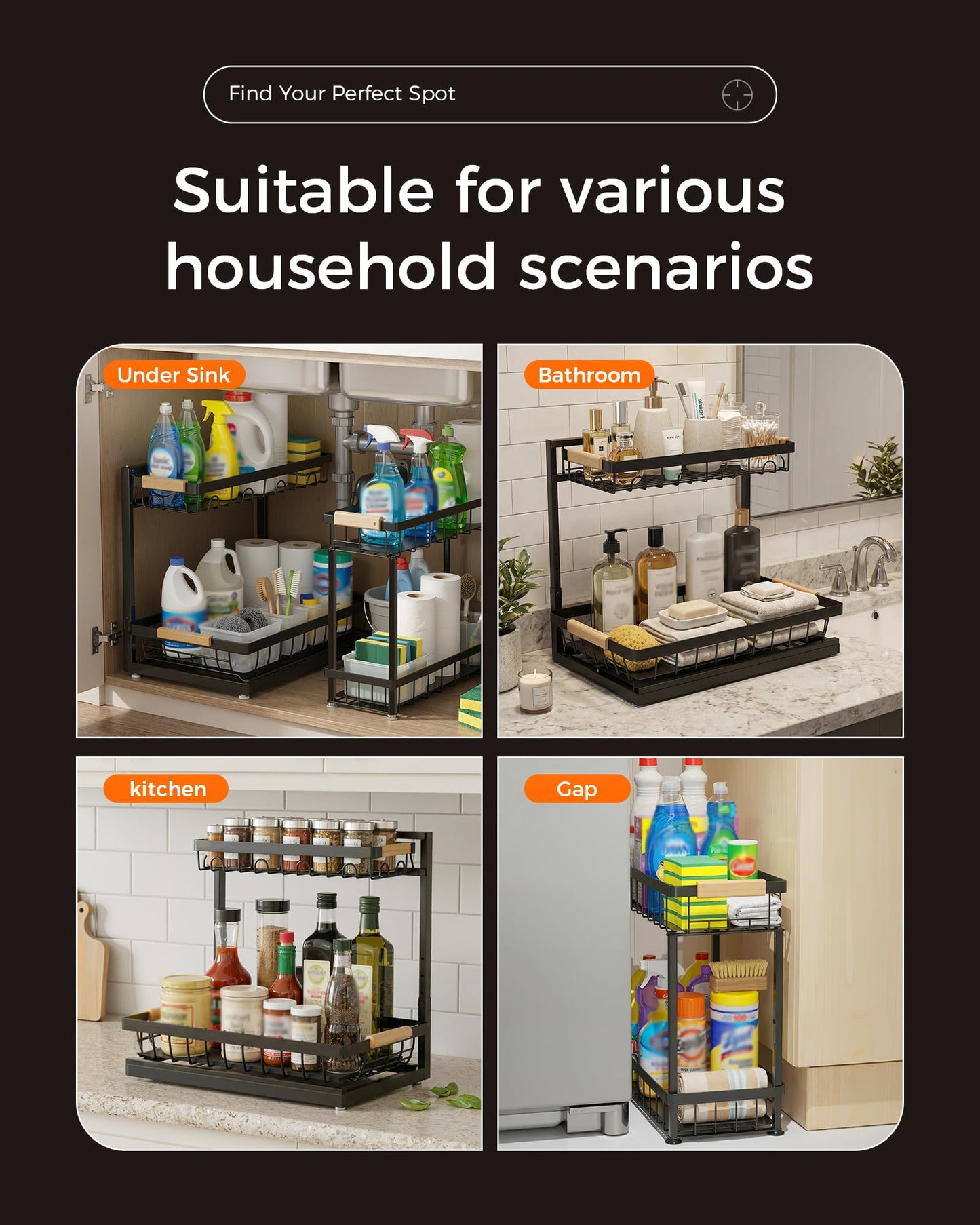 Sevenblue 3 Pack Under Sink Organizer, Height Adjustable 2 Tier Metal Under Kitchen Sink Organizer, Multi-Purpose Storage Shelves for Kitchen Bathroom Cabinet (Black)