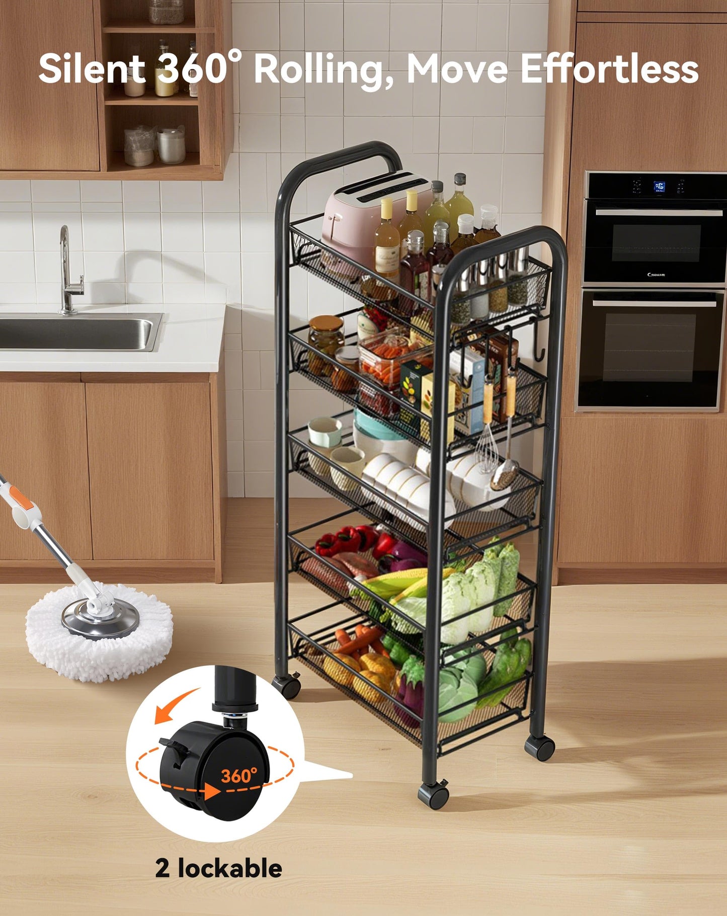 5-Tier Rolling Kitchen Trolley with Wheels - Sturdy Metal Storage Cart for Kitchen, Bathroom, Home Office, Space-Saving Organiser, Slim Mobile Rack for Fruits, Vegetables, Spices (Black, 44x27x105cm)