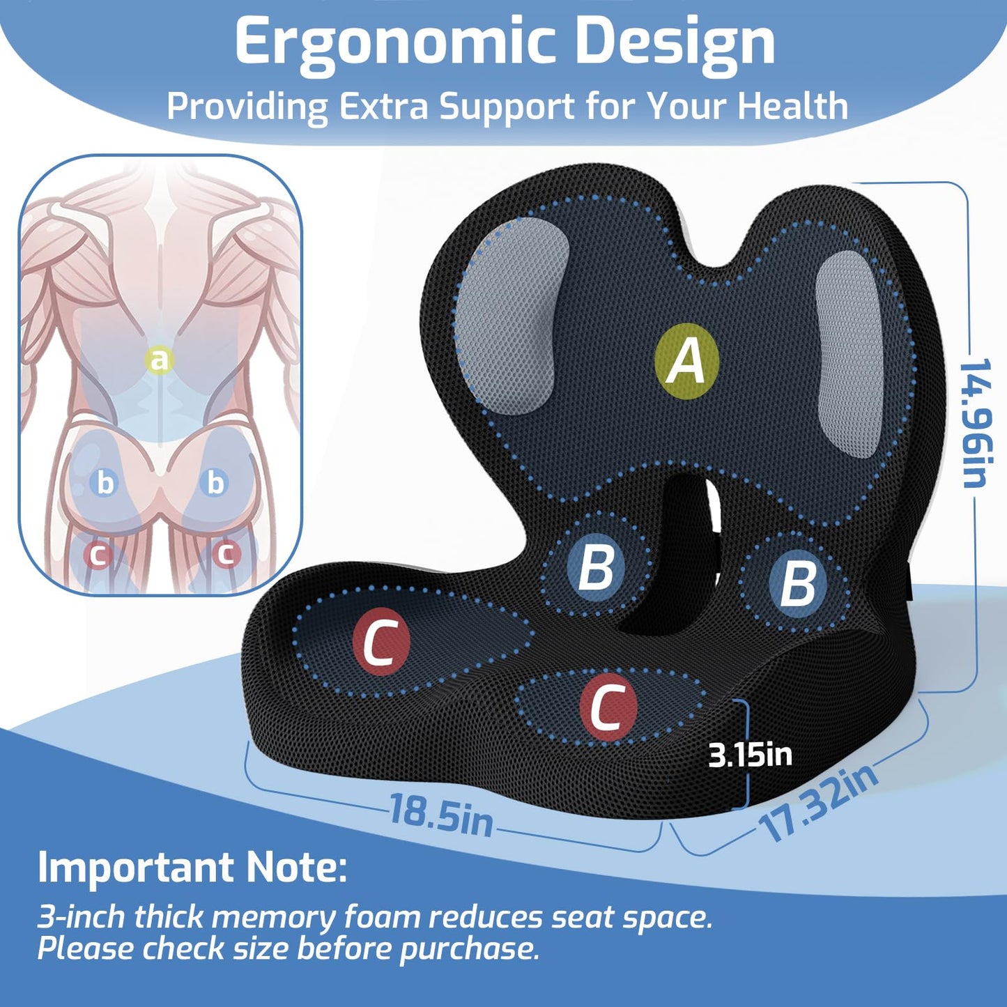 Ergonomic Seat Cushion,Memory Foam Cushion for Office Chair,Non Slip Car Seat Cushion,Designed for Long Sitting,Tailbone,Back Pain Relief,for Office,Home,Car Drivers,Desk Chair
