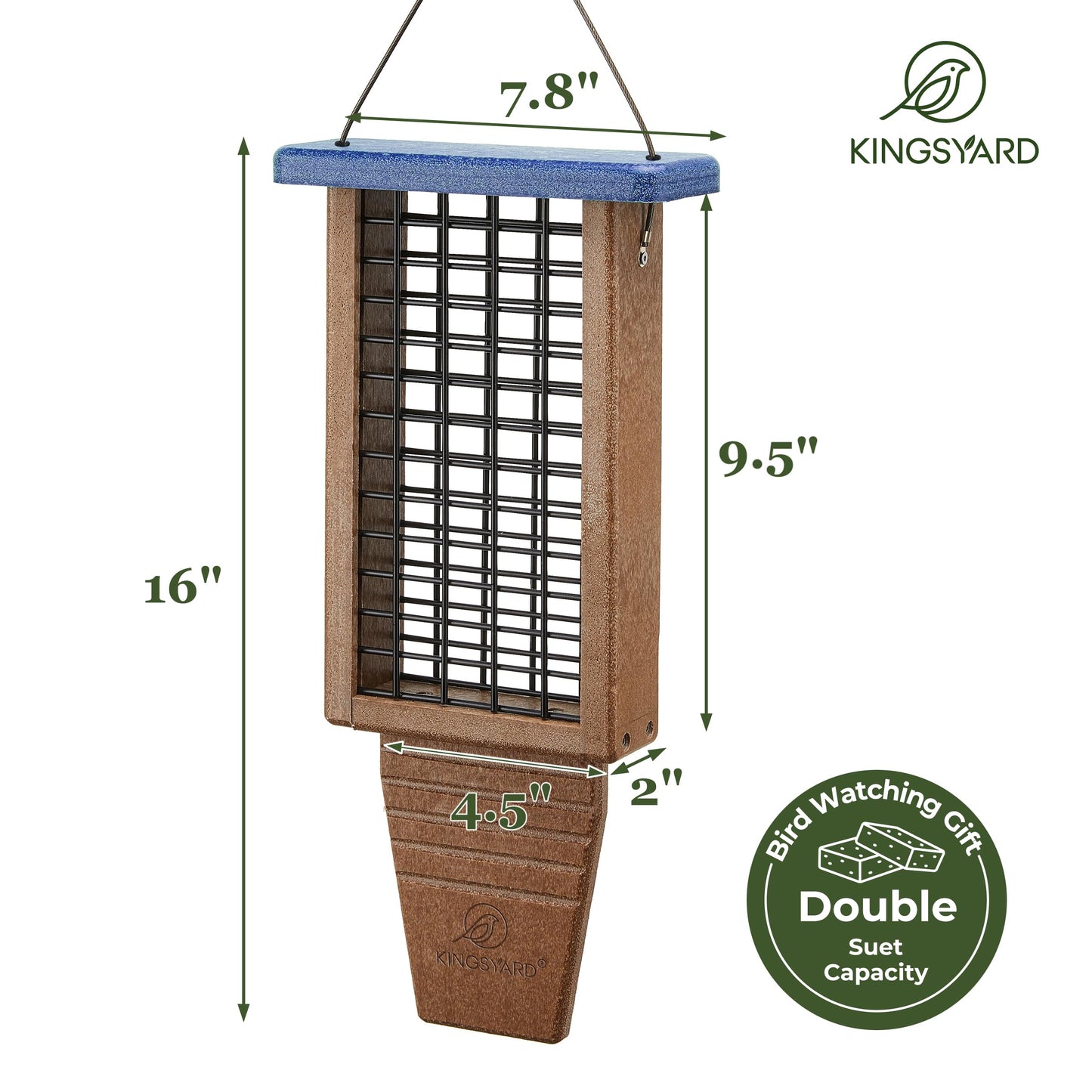 Kingsyard Recycled Plastic Suet Bird Feeder, Tail Prop Double Suet Feeder for Outside, Sturdy & Durable, Great for Woodpecker & Clinging Birds, Blue