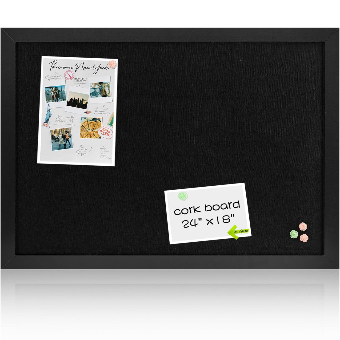 Board2by Black Cork Board Bulletin Board with Linen, Wood Framed 24" x 18" Corkboard, Office Board for Wall Decor, Wall Mounted Pin Board Picture Board with 20 Pushpins for School, Home & Office